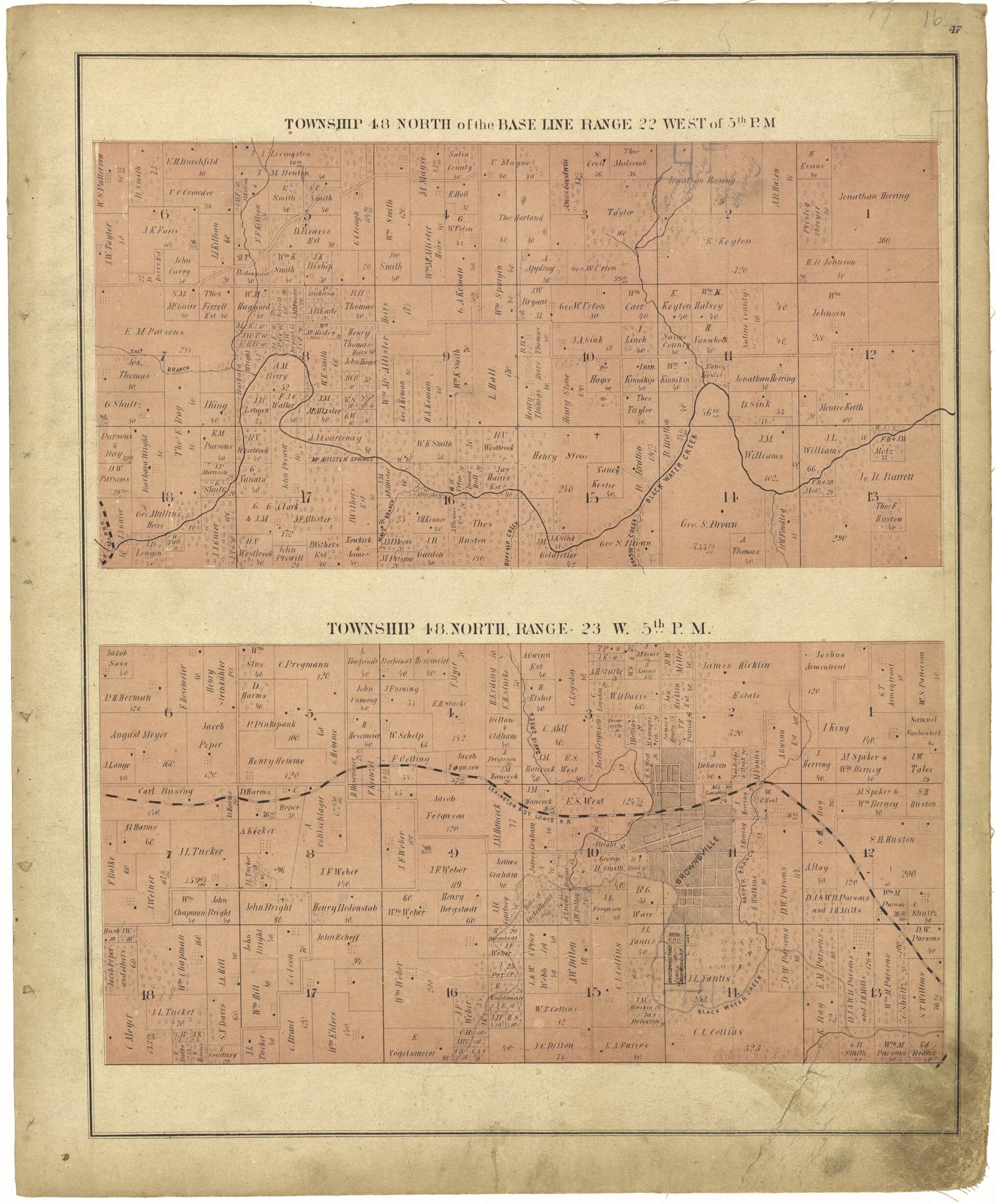 This old map of Townships 48 North of the Baseline Ranges 22 & 23 West of 5th P.M. from Illustrated Atlas Map of Saline County, Missouri from 1876 was created by Missouri Publishing Co in 1876