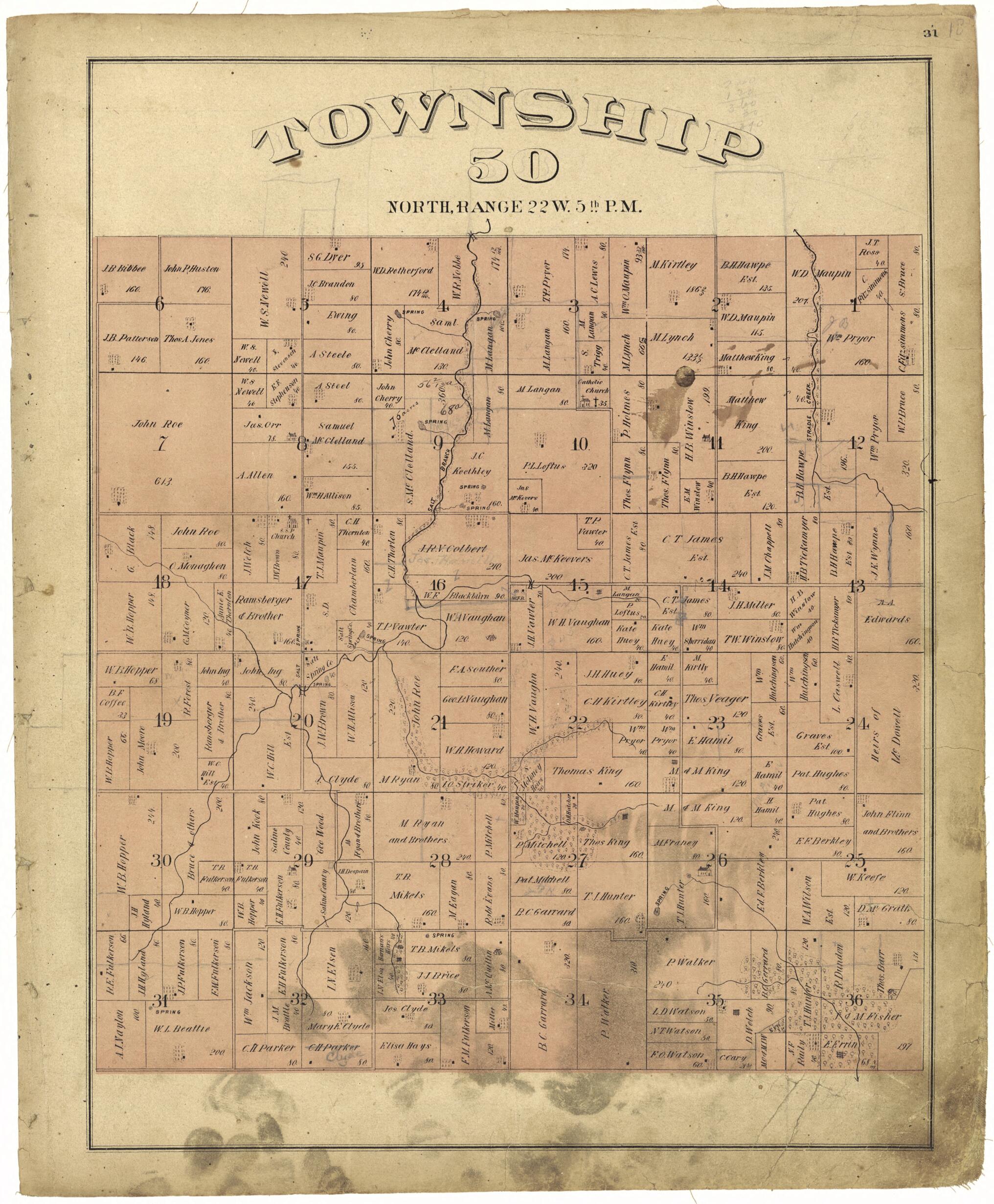 This old map of Township 50 North, Range 22W. 5th P.M. from Illustrated Atlas Map of Saline County, Missouri from 1876 was created by Missouri Publishing Co in 1876