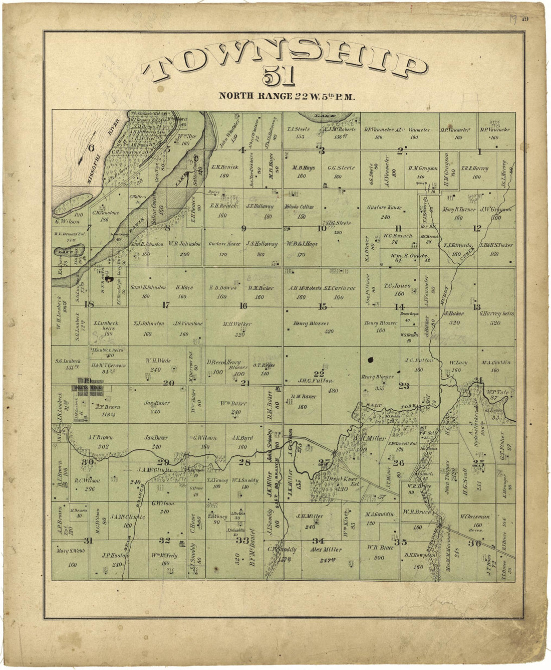 This old map of Township 51 North, Range 22W. 5th P.M. from Illustrated Atlas Map of Saline County, Missouri from 1876 was created by Missouri Publishing Co in 1876