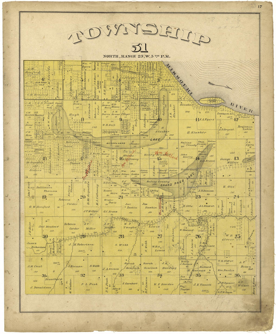 This old map of Township 51 North, Range 23W. 5th P.M. from Illustrated Atlas Map of Saline County, Missouri from 1876 was created by Missouri Publishing Co in 1876