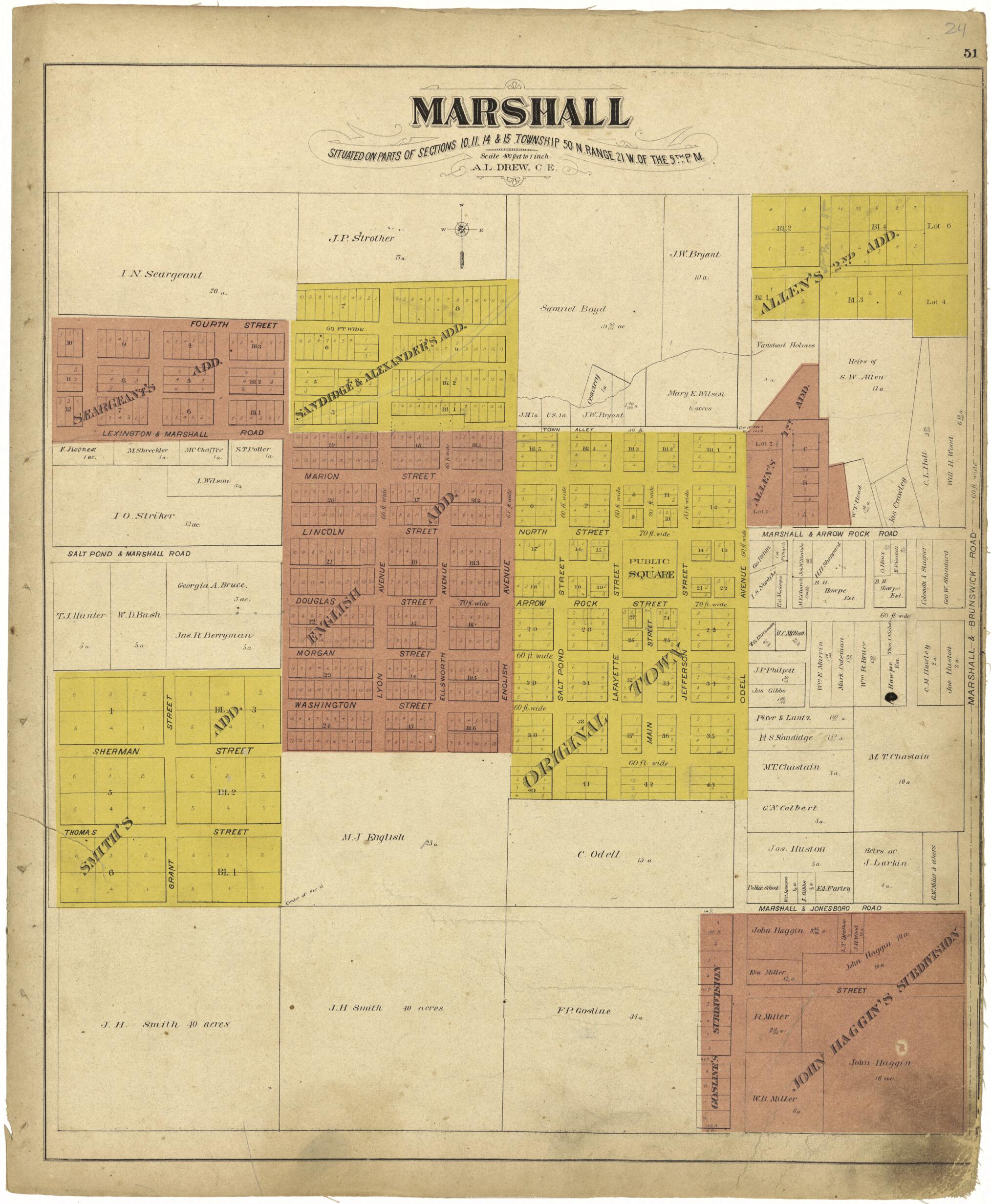 This old map of Marshall from Illustrated Atlas Map of Saline County, Missouri from 1876 was created by Missouri Publishing Co in 1876
