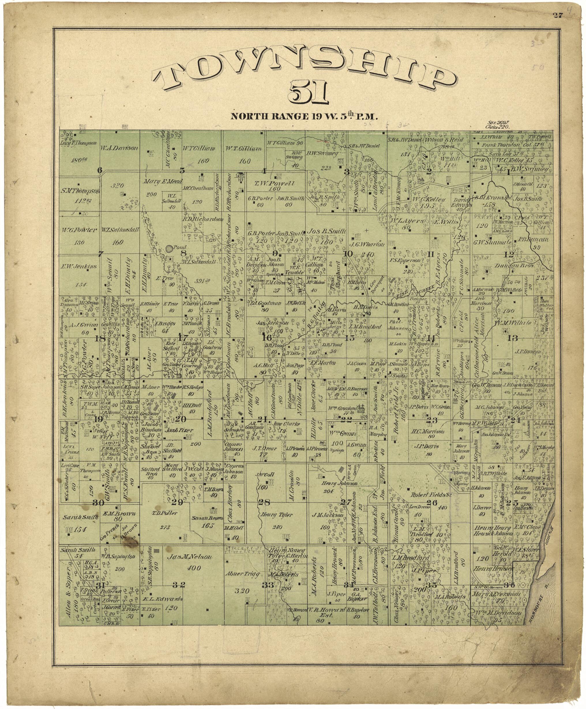 This old map of Township 51 North, Range 19W. 5th P.M. from Illustrated Atlas Map of Saline County, Missouri from 1876 was created by Missouri Publishing Co in 1876