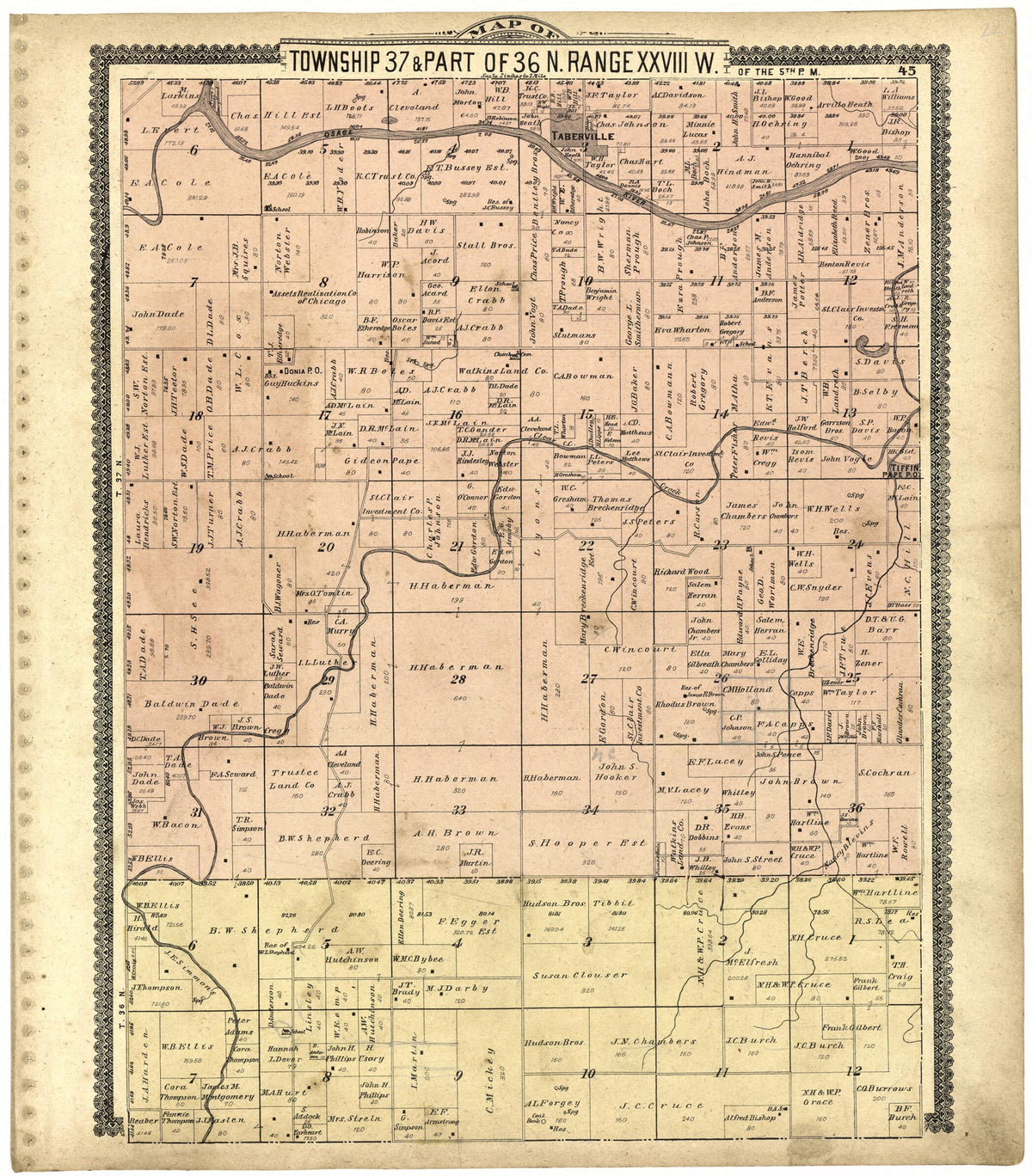 Map of Township 37 & Part of 36 N. Range XXVIII W. from Standard Atlas of Saint Clair County, Missouri 1903 by Relic Map Company