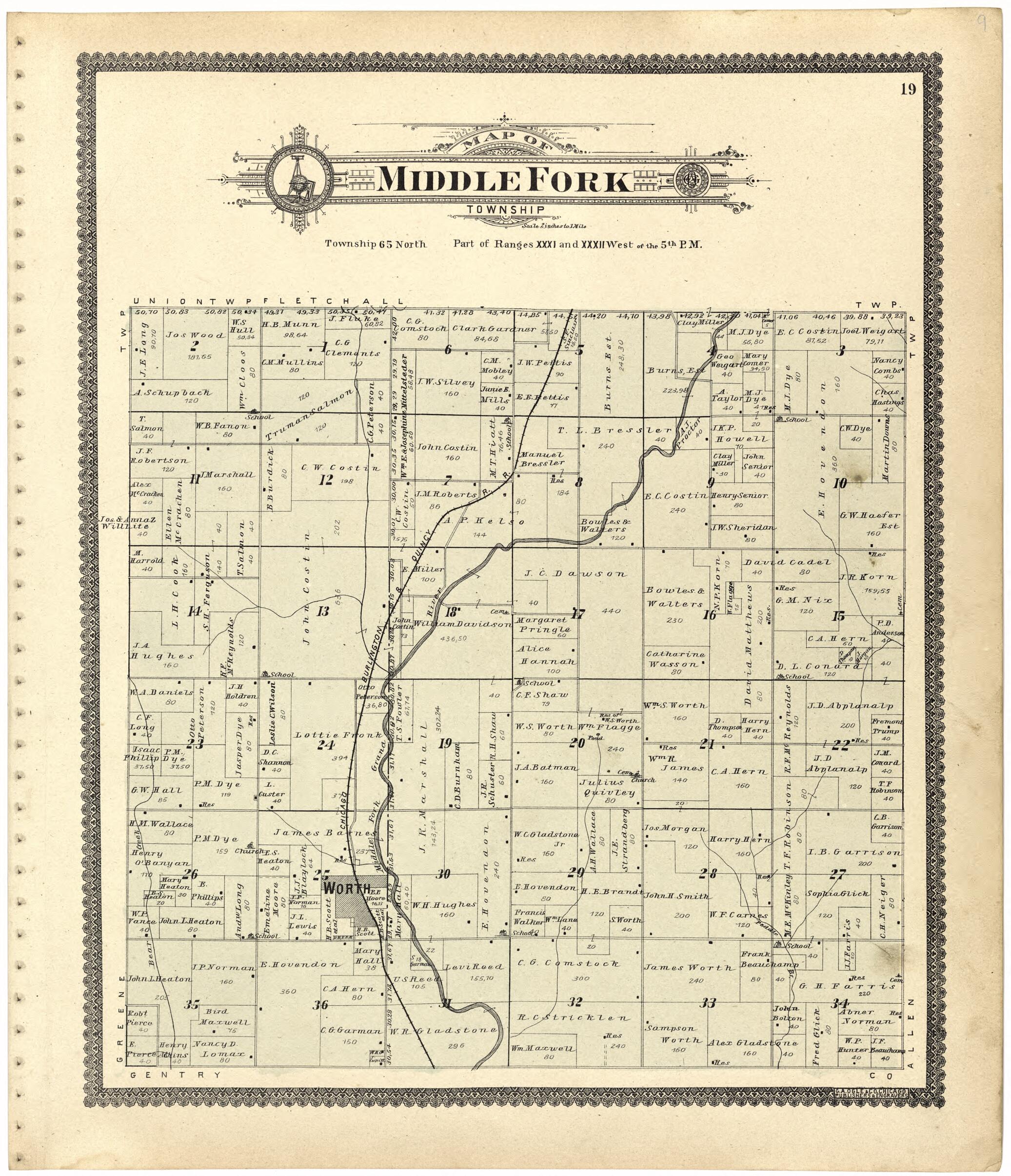 This old map of Map of Middle Fork Township from Standard Atlas of Worth County, Missouri from 1902 was created by Geo. A. Ogle & Co in 1902