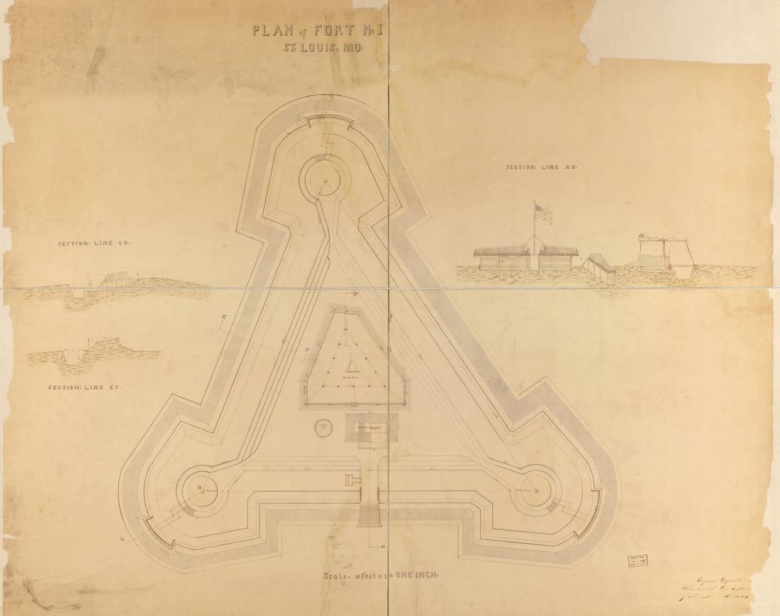 This old map of Plan of Fort No. I, St. Louis, MO from Original Plattings of Forts at St. Louis, Mo. 186-. from 1860 was created by United States. Army. Corps of Engineers in 1860