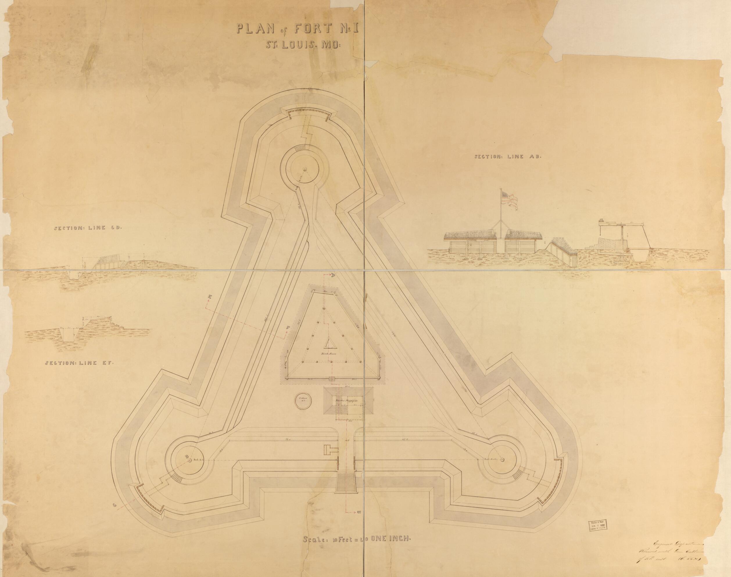 This old map of Plan of Fort No. I, St. Louis, MO from Original Plattings of Forts at St. Louis, Mo. 186-. from 1860 was created by United States. Army. Corps of Engineers in 1860