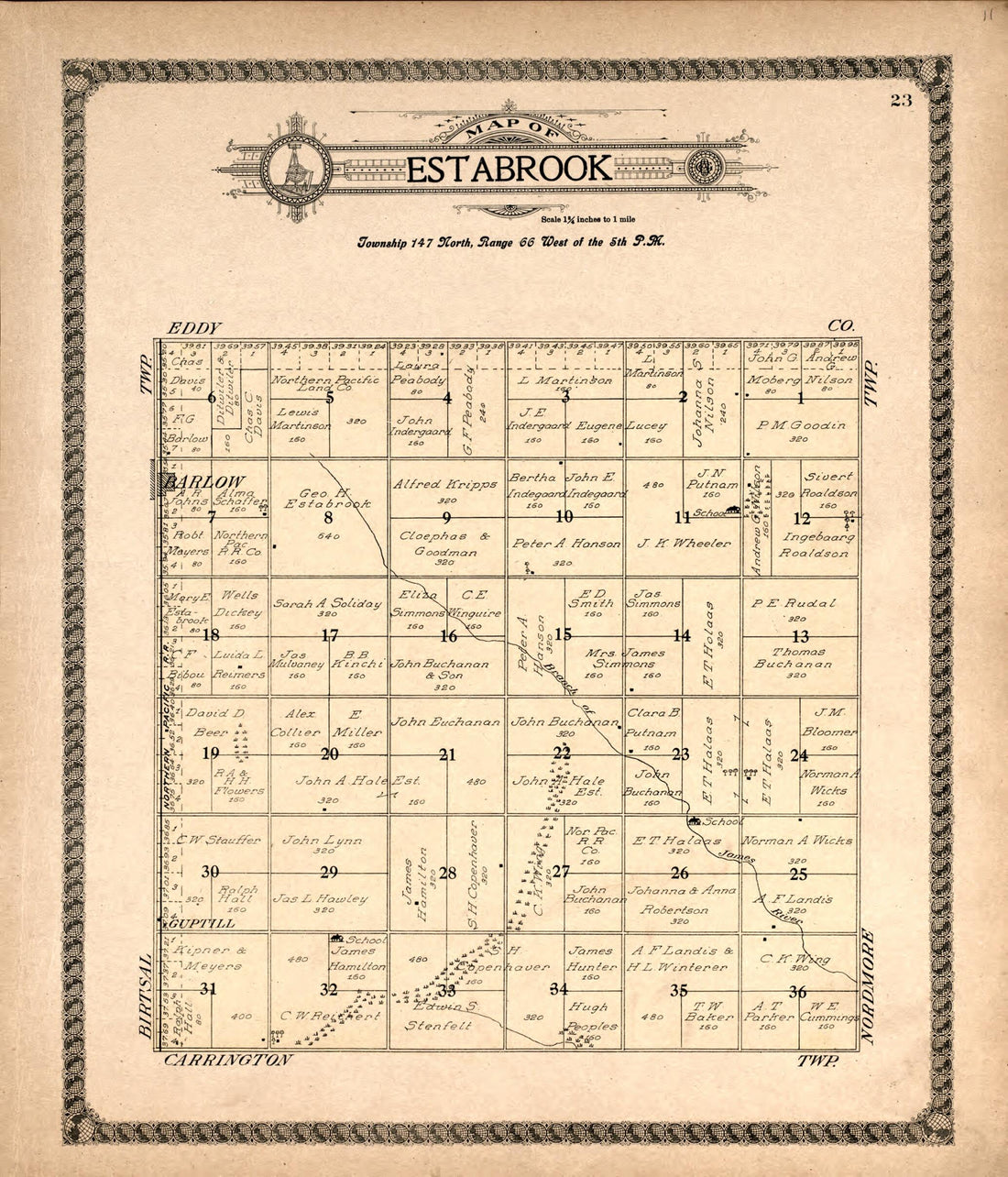 This old map of Estabrook from Standard Atlas of Foster County, North Dakota from 1910 was created by Alden Publishing Co in 1910