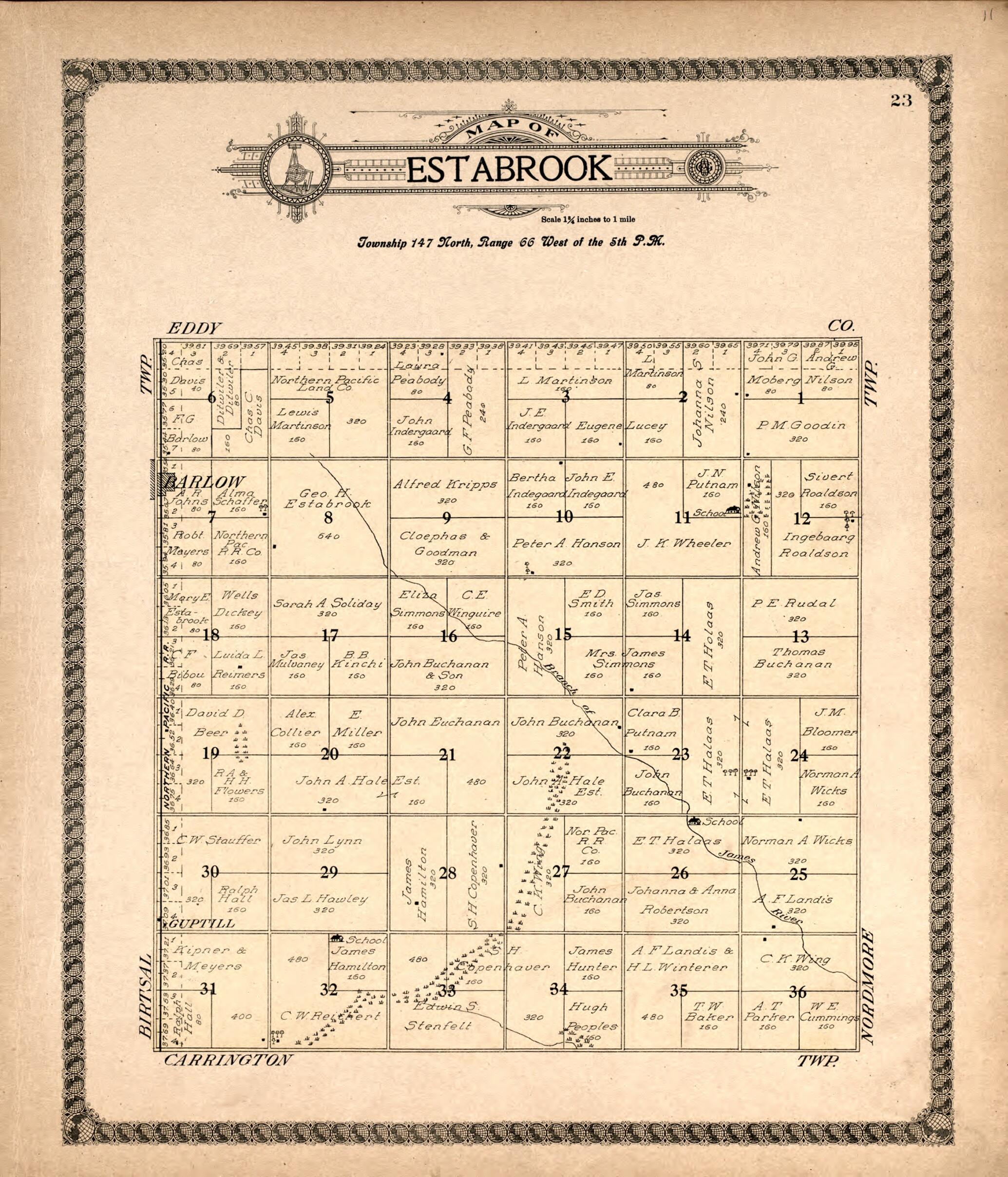 This old map of Estabrook from Standard Atlas of Foster County, North Dakota from 1910 was created by Alden Publishing Co in 1910