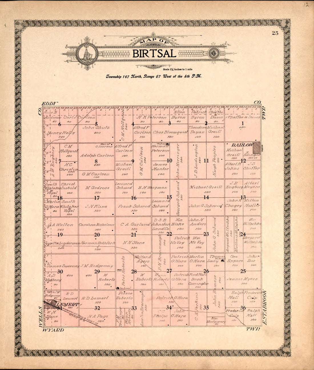 This old map of Birtsal from Standard Atlas of Foster County, North Dakota from 1910 was created by Alden Publishing Co in 1910