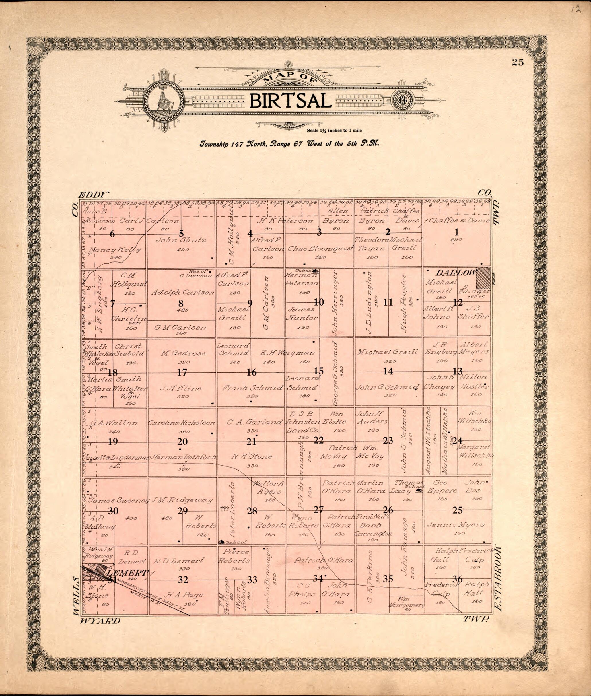 This old map of Birtsal from Standard Atlas of Foster County, North Dakota from 1910 was created by Alden Publishing Co in 1910