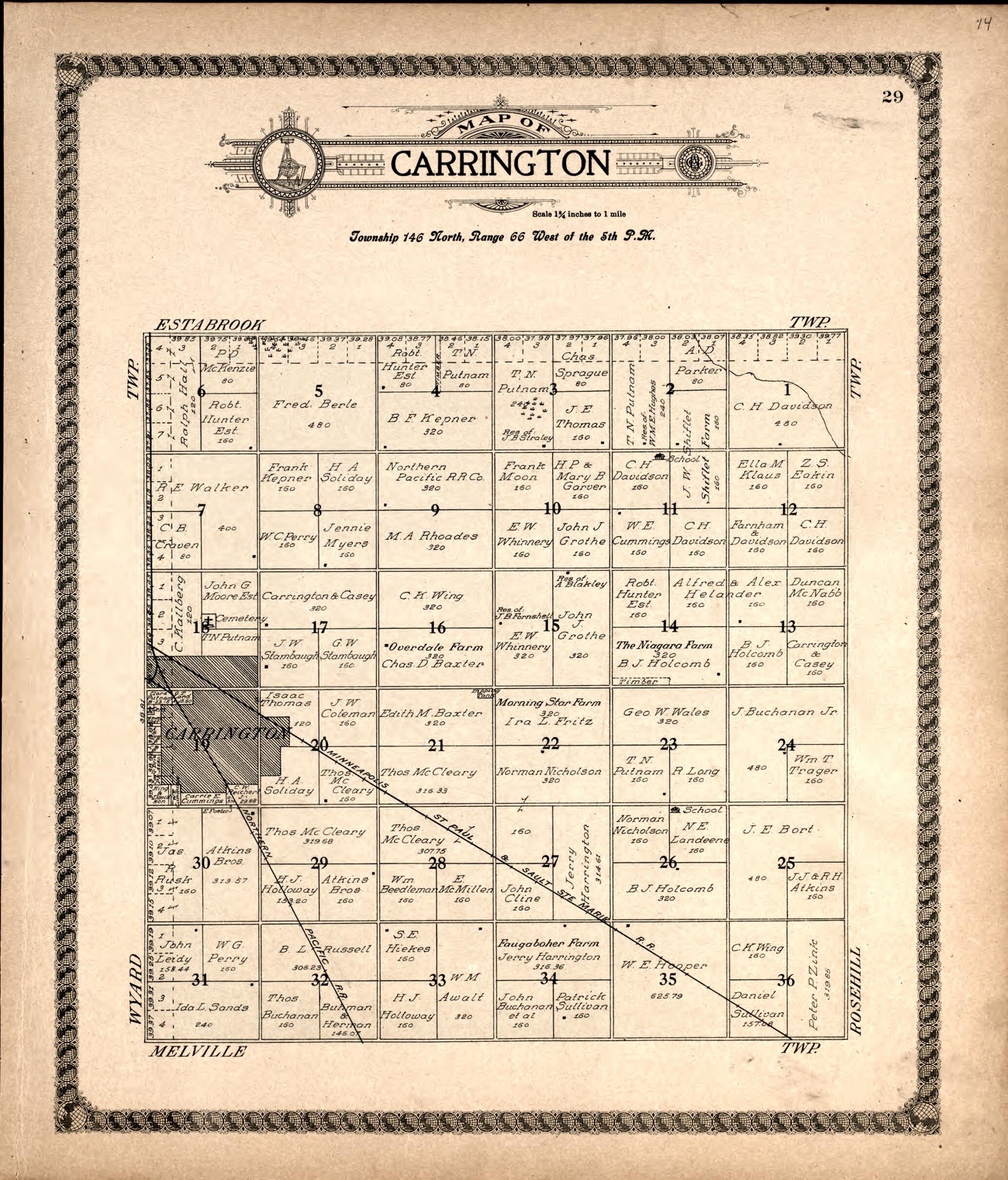 This old map of Carrington from Standard Atlas of Foster County, North Dakota from 1910 was created by Alden Publishing Co in 1910