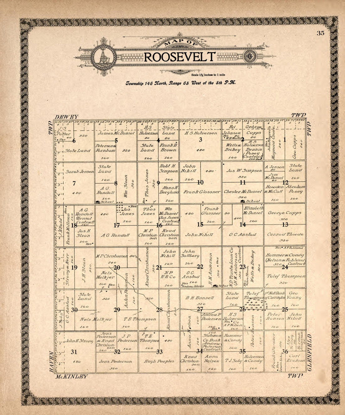 This old map of Roosevelt from Standard Atlas of Foster County, North Dakota from 1910 was created by Alden Publishing Co in 1910