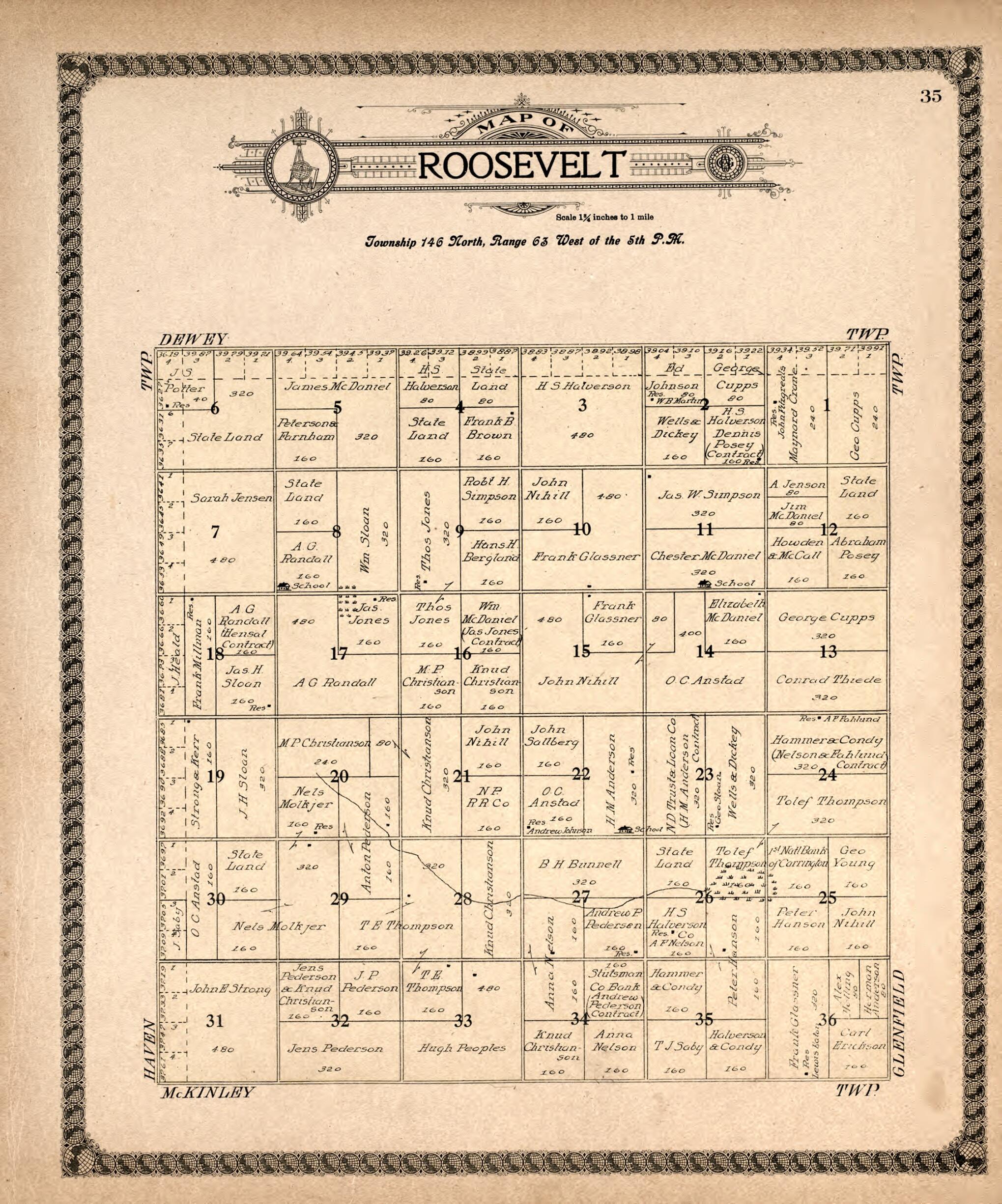 This old map of Roosevelt from Standard Atlas of Foster County, North Dakota from 1910 was created by Alden Publishing Co in 1910