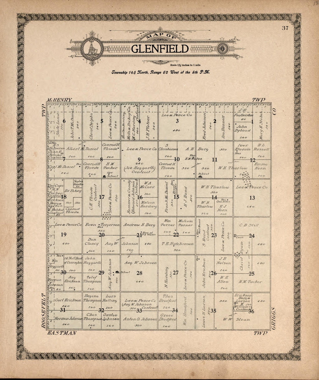 This old map of Glenfield from Standard Atlas of Foster County, North Dakota from 1910 was created by Alden Publishing Co in 1910