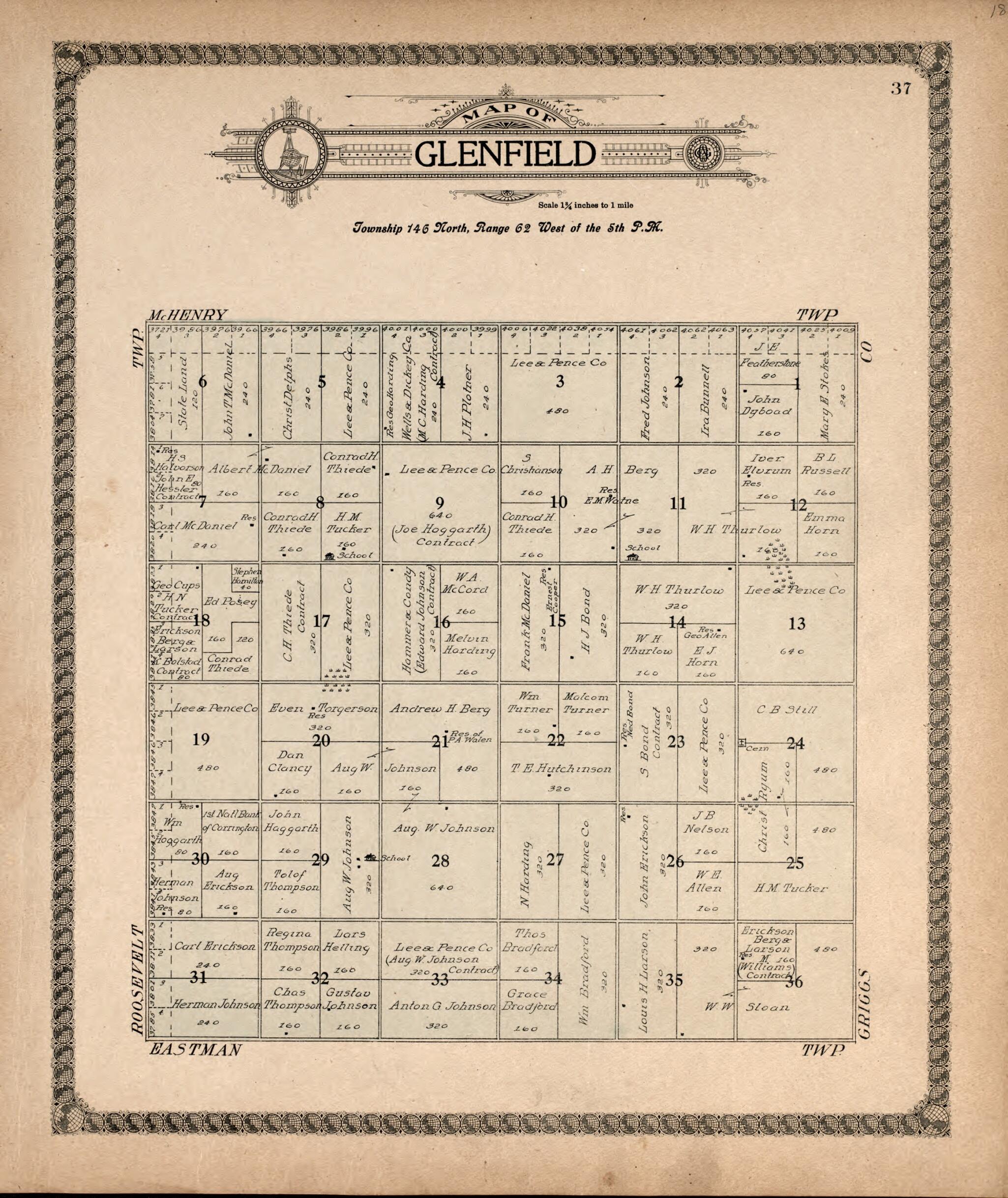 This old map of Glenfield from Standard Atlas of Foster County, North Dakota from 1910 was created by Alden Publishing Co in 1910