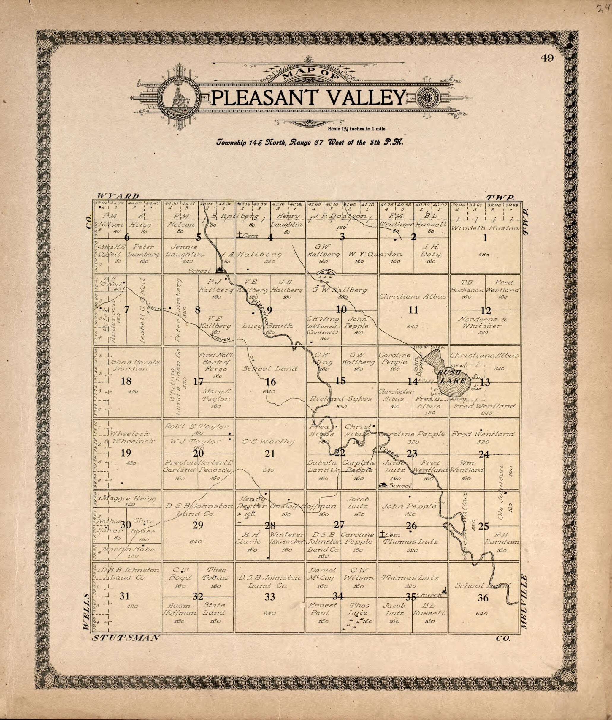 This old map of Pleasant Valley from Standard Atlas of Foster County, North Dakota from 1910 was created by Alden Publishing Co in 1910