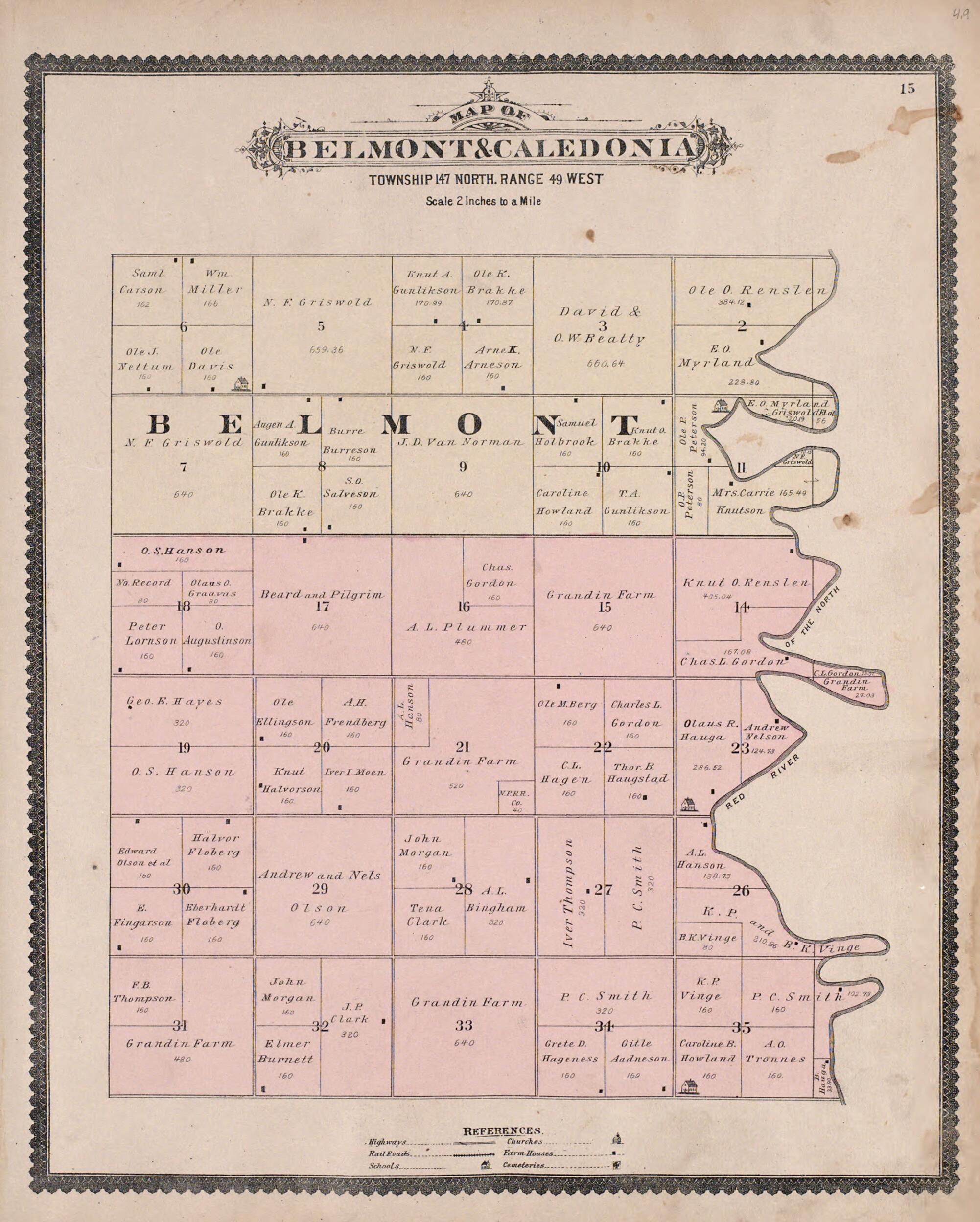 This old map of Belmont and Caledonia from Illustrated Historical Atlas of Traill and Steele Counties, North Dakota from 1892 was created by Wm. Wangersheim & Co in 1892