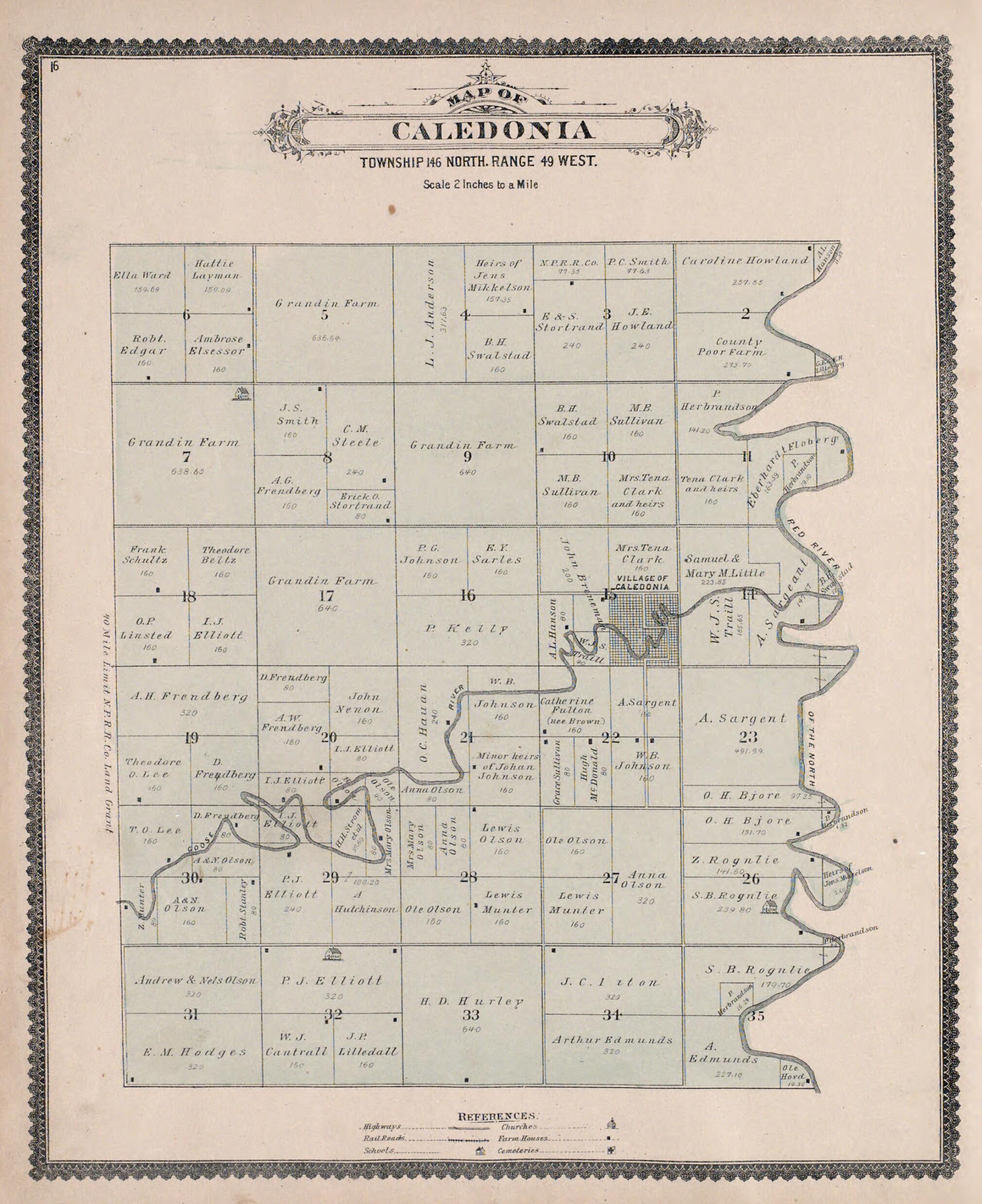This old map of Caledonia from Illustrated Historical Atlas of Traill and Steele Counties, North Dakota from 1892 was created by Wm. Wangersheim & Co in 1892