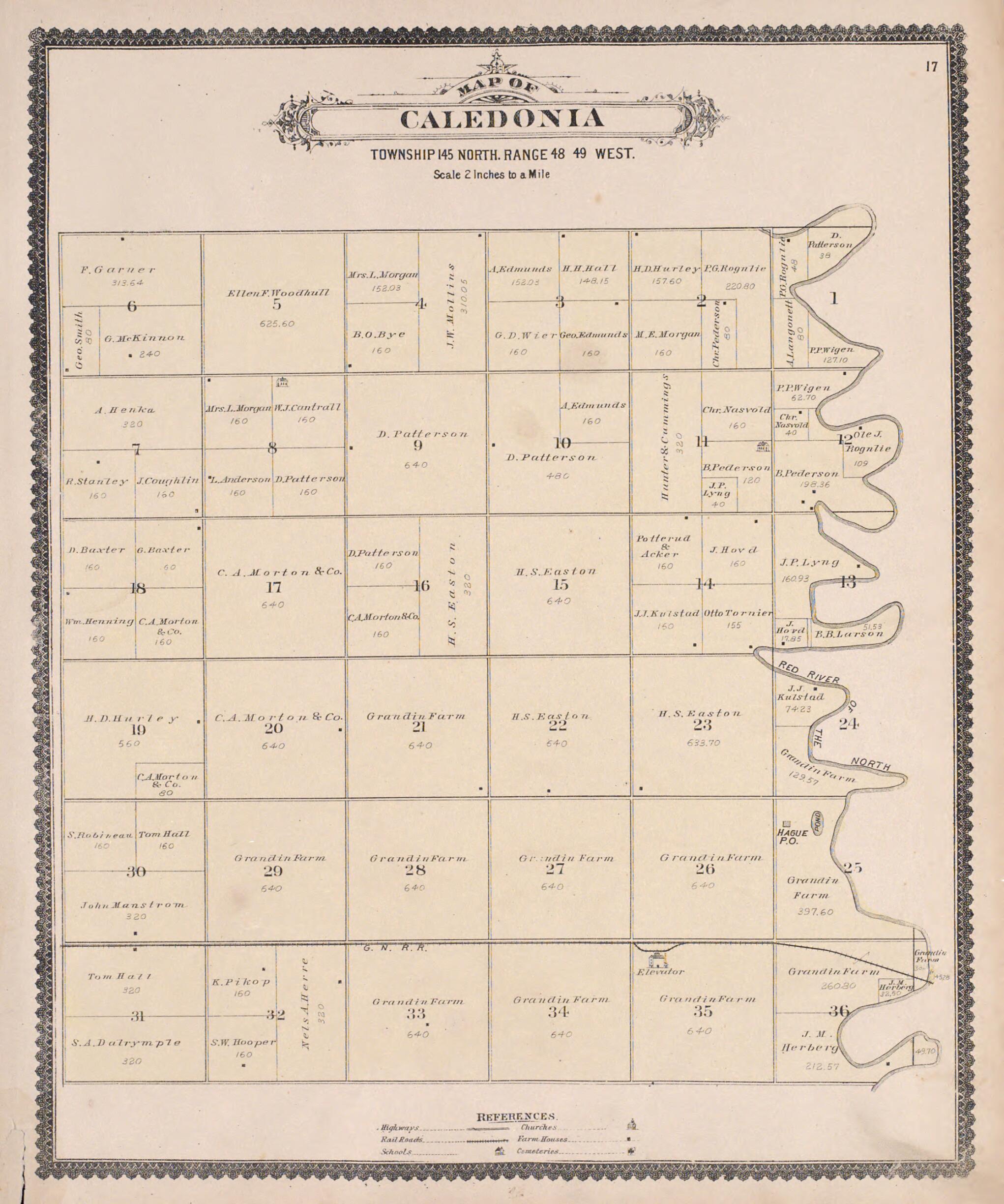 This old map of Caledonia from Illustrated Historical Atlas of Traill and Steele Counties, North Dakota from 1892 was created by Wm. Wangersheim & Co in 1892