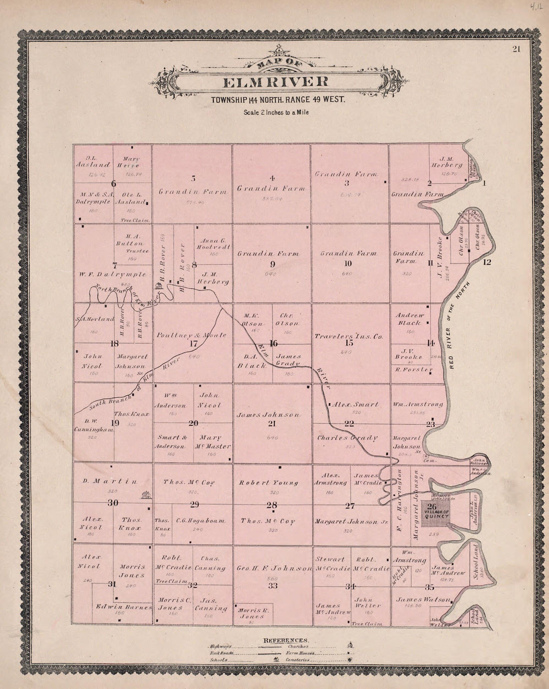 This old map of Elm River from Illustrated Historical Atlas of Traill and Steele Counties, North Dakota from 1892 was created by Wm. Wangersheim & Co in 1892