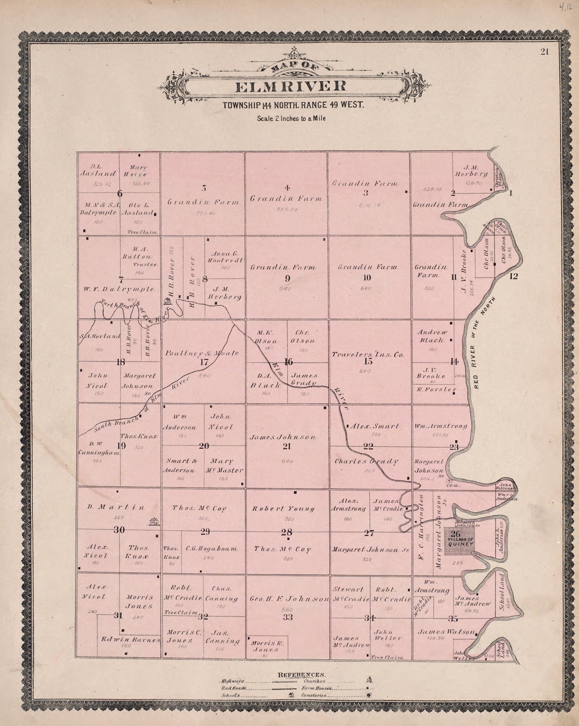 This old map of Elm River from Illustrated Historical Atlas of Traill and Steele Counties, North Dakota from 1892 was created by Wm. Wangersheim & Co in 1892