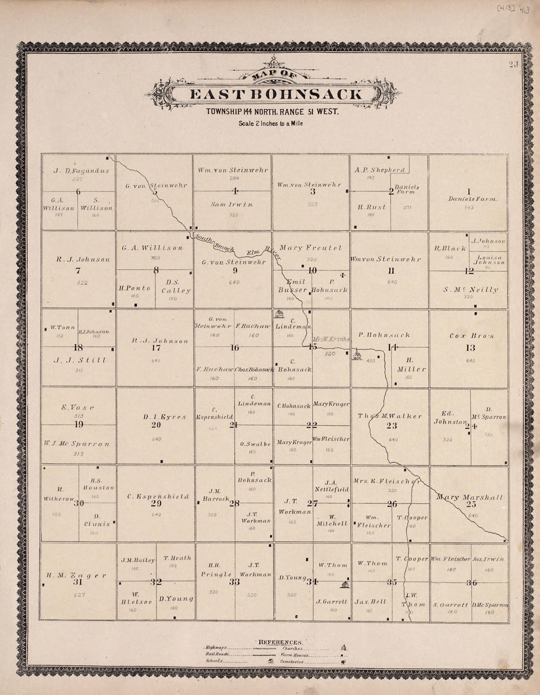 This old map of East Bohnsack from Illustrated Historical Atlas of Traill and Steele Counties, North Dakota from 1892 was created by Wm. Wangersheim & Co in 1892
