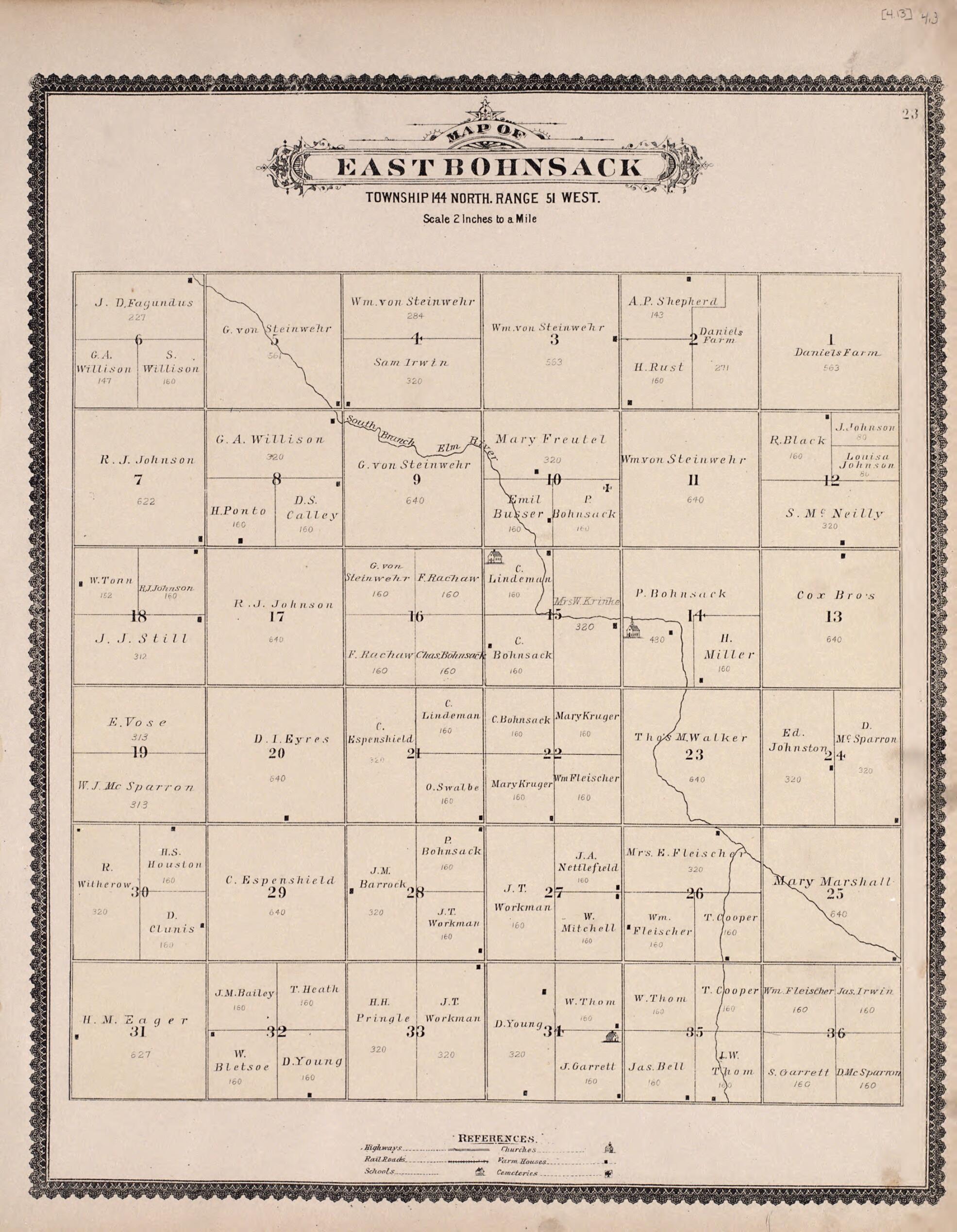 This old map of East Bohnsack from Illustrated Historical Atlas of Traill and Steele Counties, North Dakota from 1892 was created by Wm. Wangersheim & Co in 1892