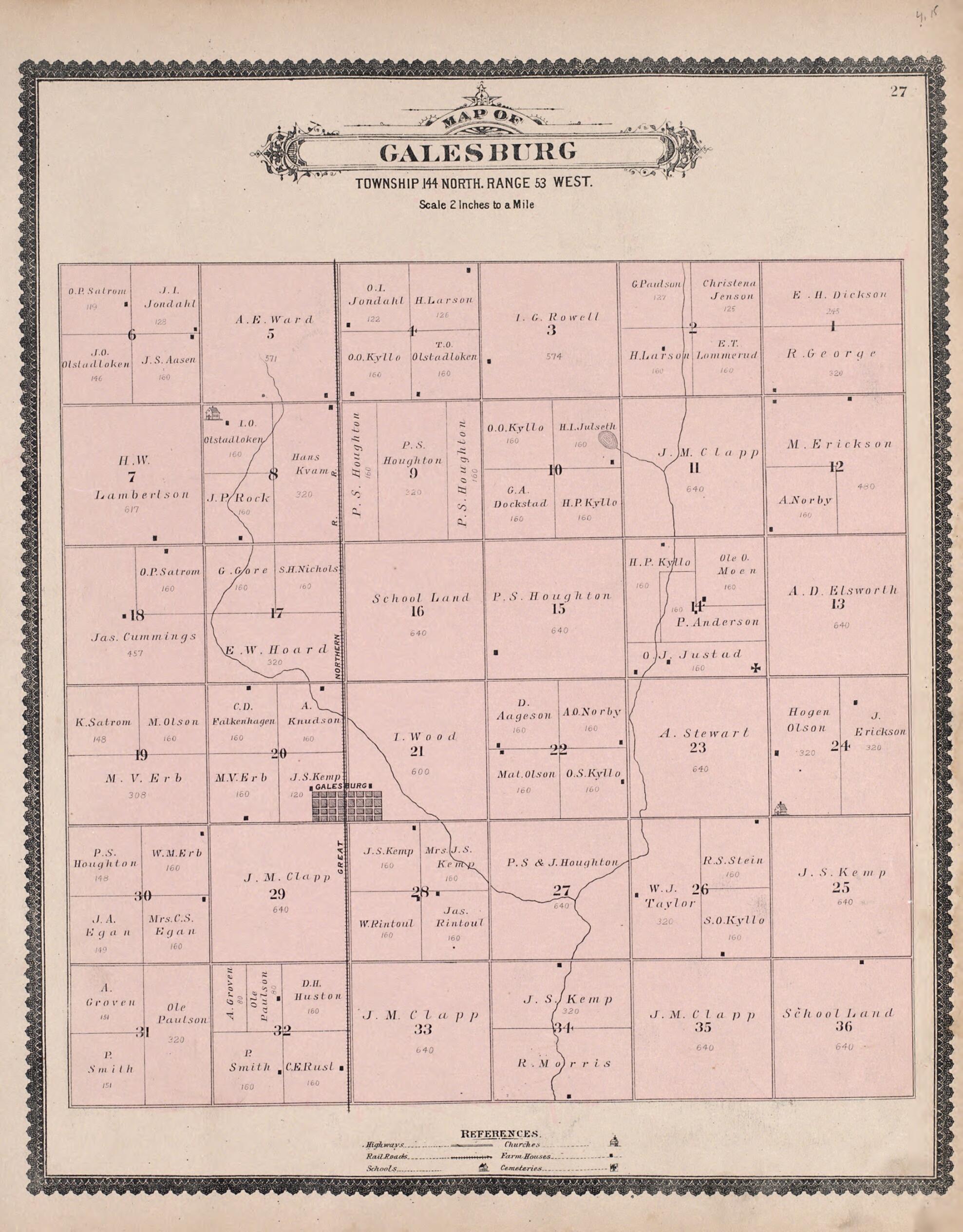 This old map of Galesburg from Illustrated Historical Atlas of Traill and Steele Counties, North Dakota from 1892 was created by Wm. Wangersheim & Co in 1892