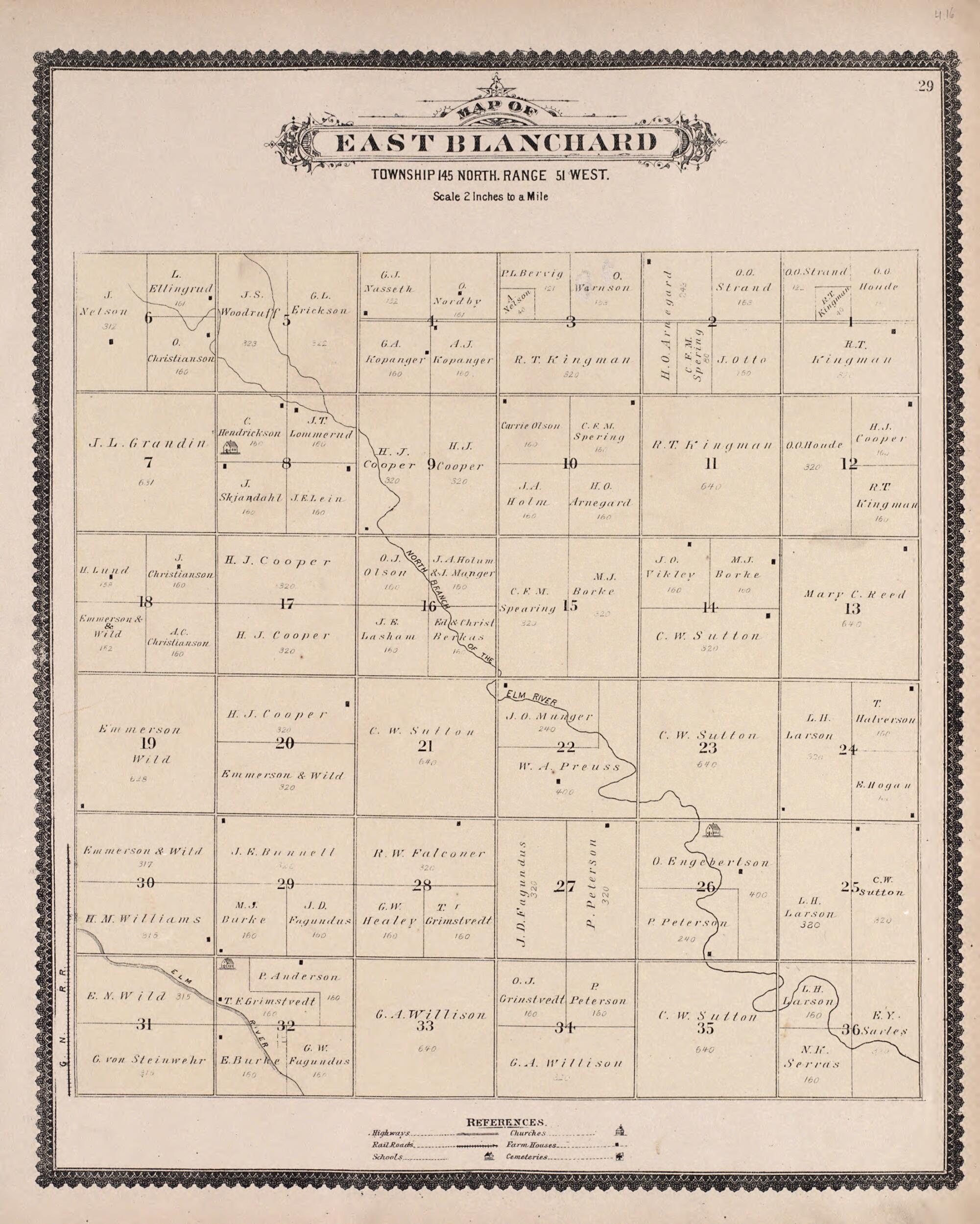 This old map of East Blanchard from Illustrated Historical Atlas of Traill and Steele Counties, North Dakota from 1892 was created by Wm. Wangersheim & Co in 1892