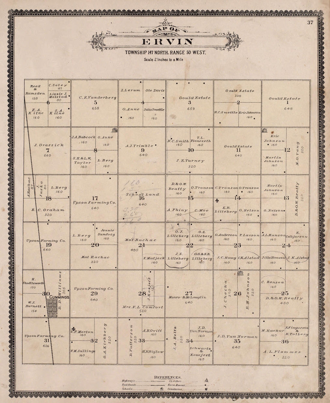 This old map of Ervin from Illustrated Historical Atlas of Traill and Steele Counties, North Dakota from 1892 was created by Wm. Wangersheim & Co in 1892