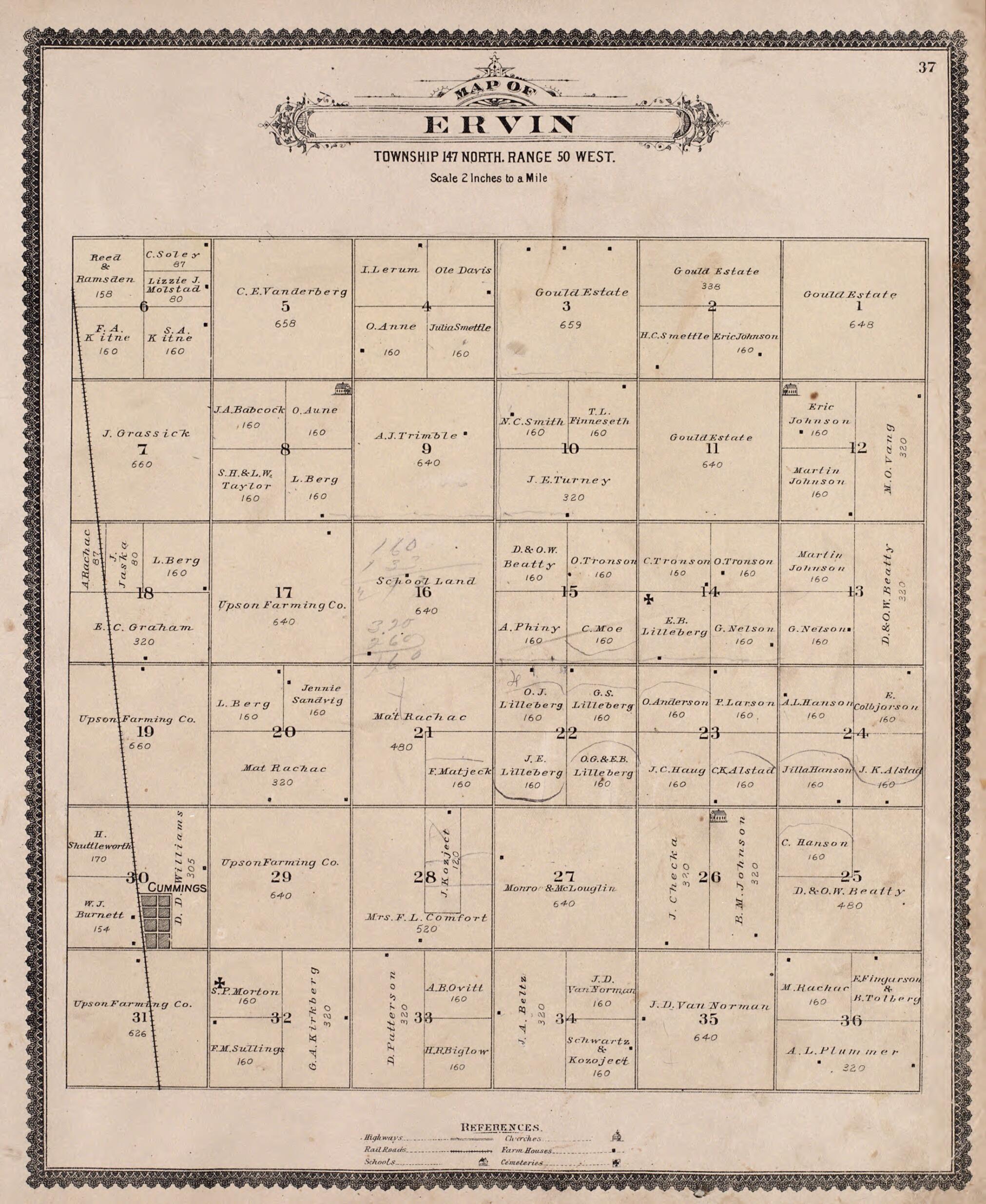 This old map of Ervin from Illustrated Historical Atlas of Traill and Steele Counties, North Dakota from 1892 was created by Wm. Wangersheim & Co in 1892