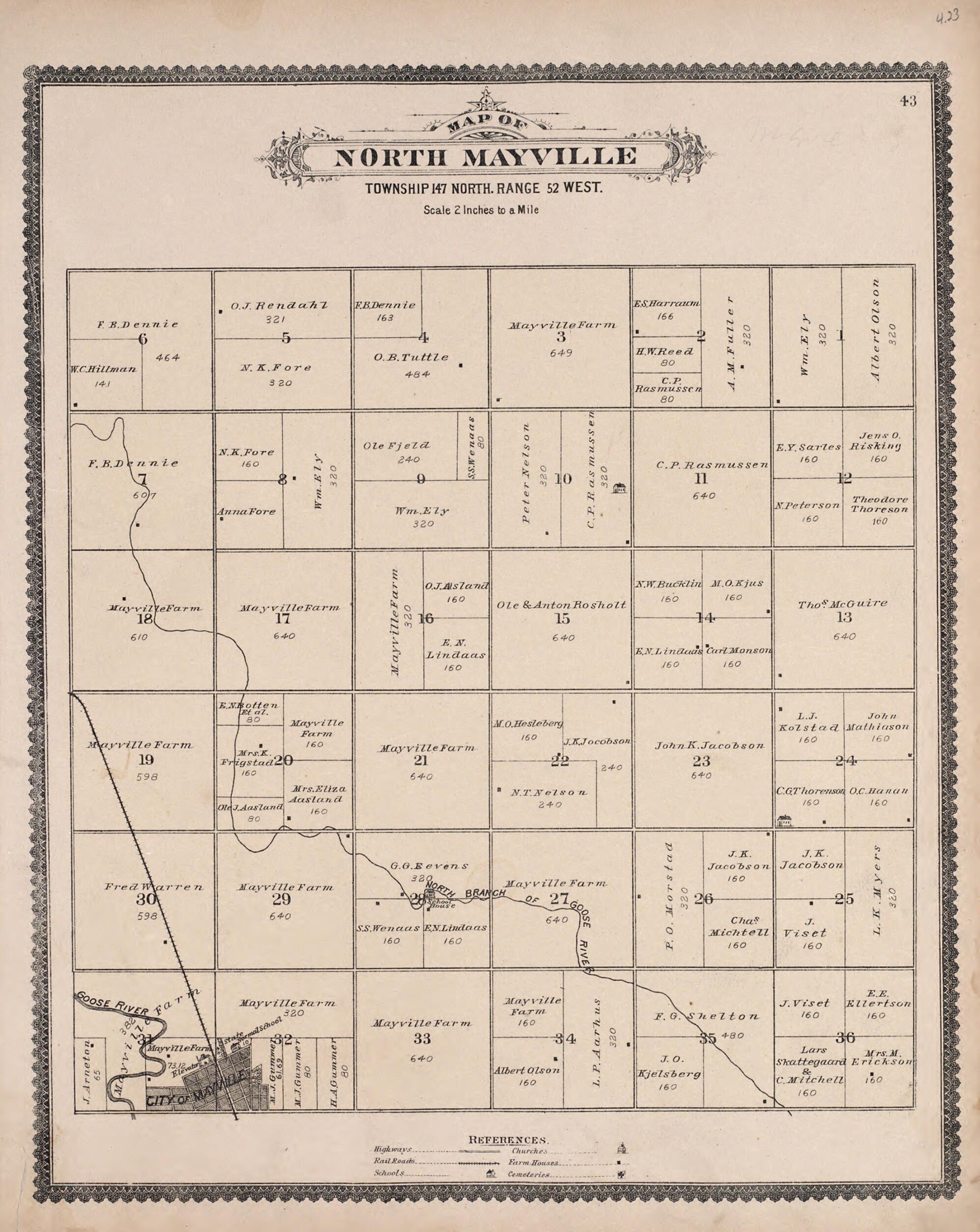 This old map of North Mayville from Illustrated Historical Atlas of Traill and Steele Counties, North Dakota from 1892 was created by Wm. Wangersheim & Co in 1892