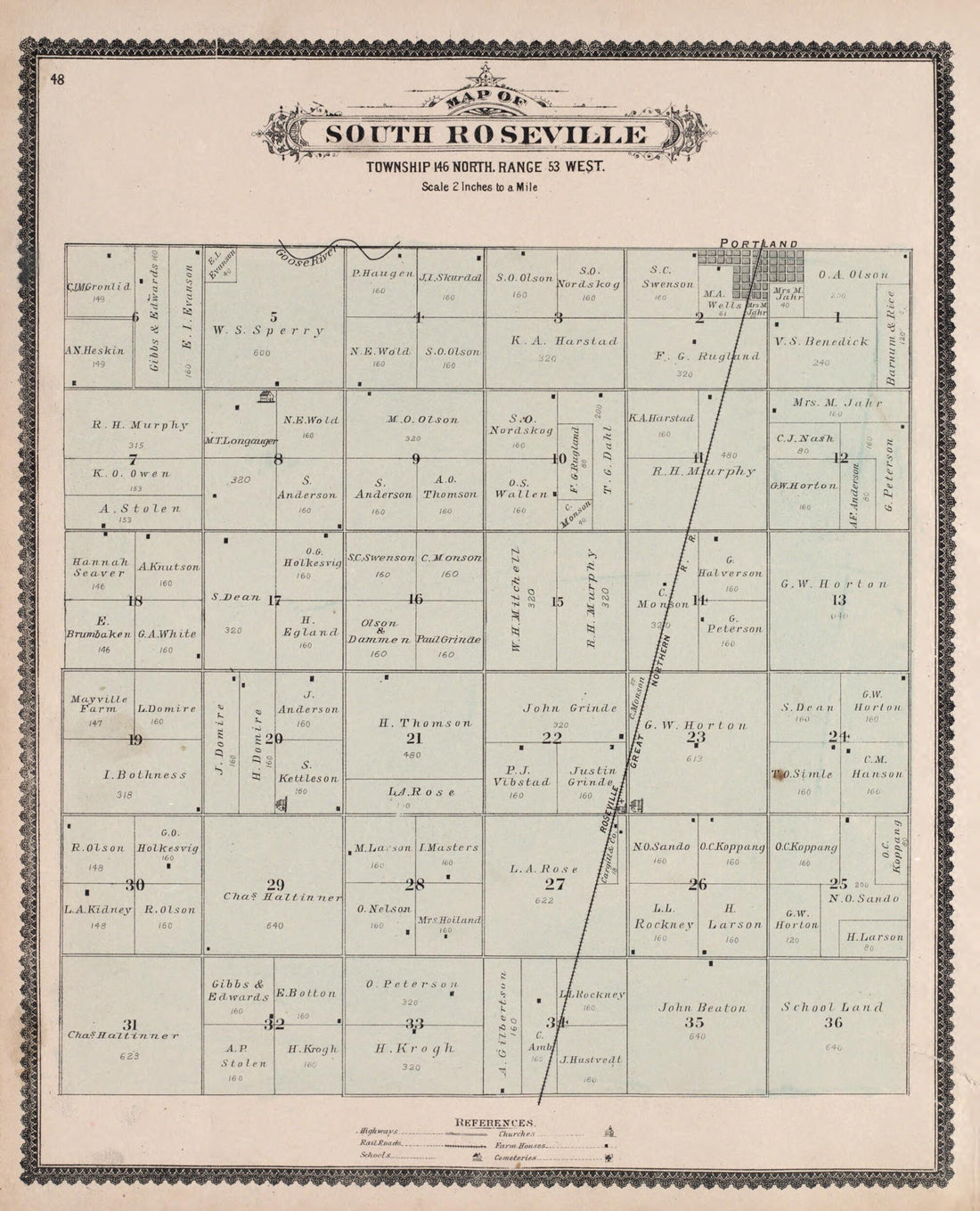 This old map of South Roseville from Illustrated Historical Atlas of Traill and Steele Counties, North Dakota from 1892 was created by Wm. Wangersheim & Co in 1892
