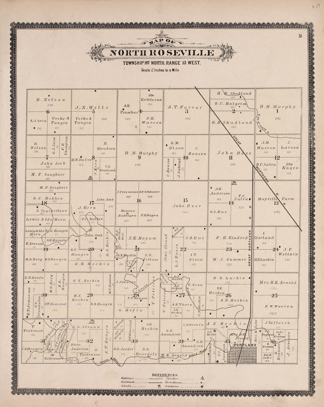This old map of North Roseville from Illustrated Historical Atlas of Traill and Steele Counties, North Dakota from 1892 was created by Wm. Wangersheim & Co in 1892