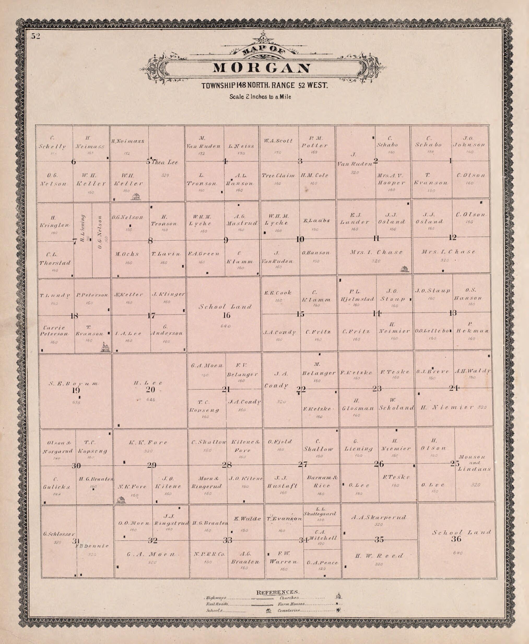 This old map of Morgan from Illustrated Historical Atlas of Traill and Steele Counties, North Dakota from 1892 was created by Wm. Wangersheim & Co in 1892