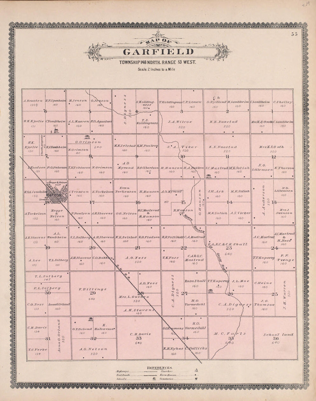 This old map of Garfield from Illustrated Historical Atlas of Traill and Steele Counties, North Dakota from 1892 was created by Wm. Wangersheim & Co in 1892