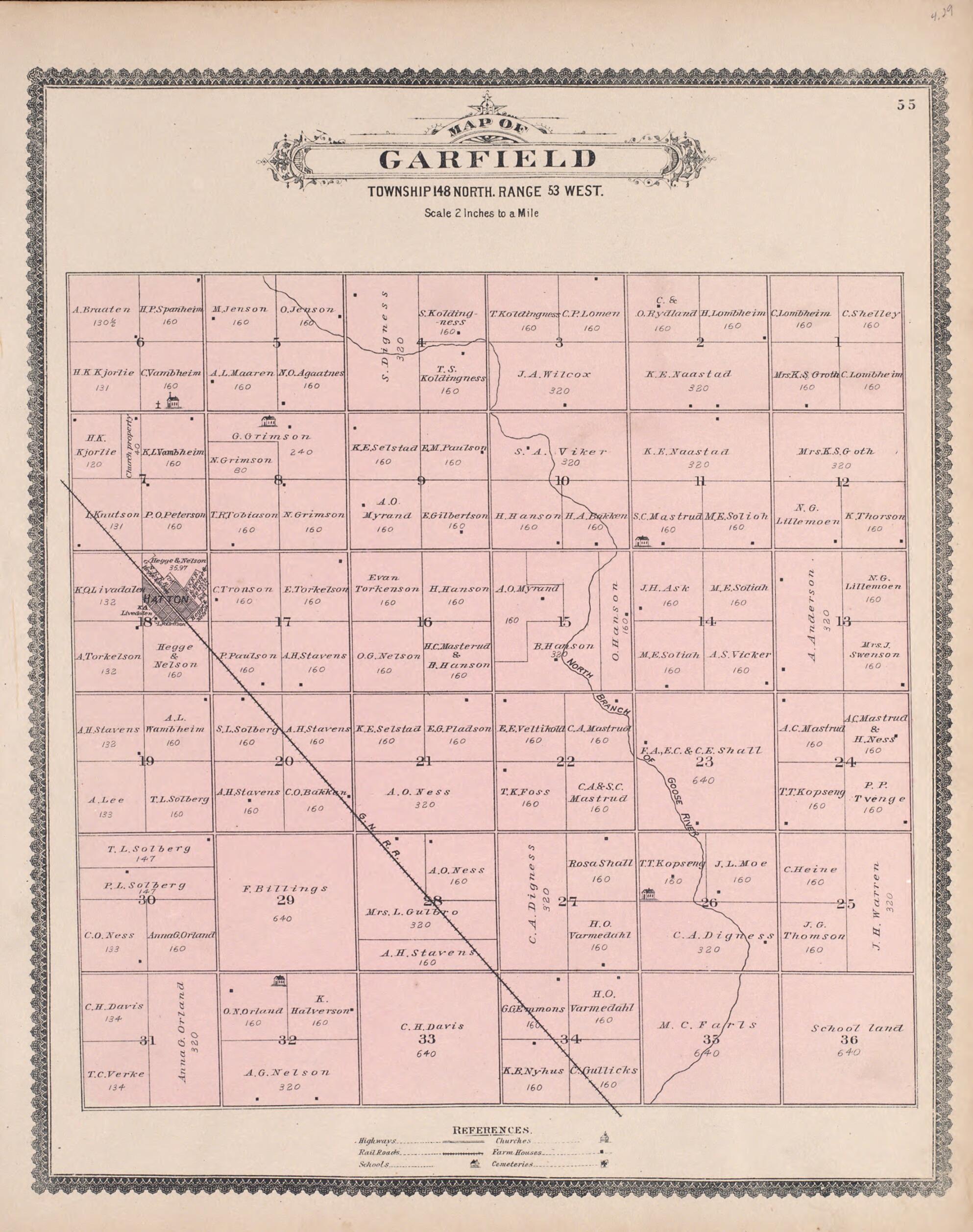 This old map of Garfield from Illustrated Historical Atlas of Traill and Steele Counties, North Dakota from 1892 was created by Wm. Wangersheim & Co in 1892