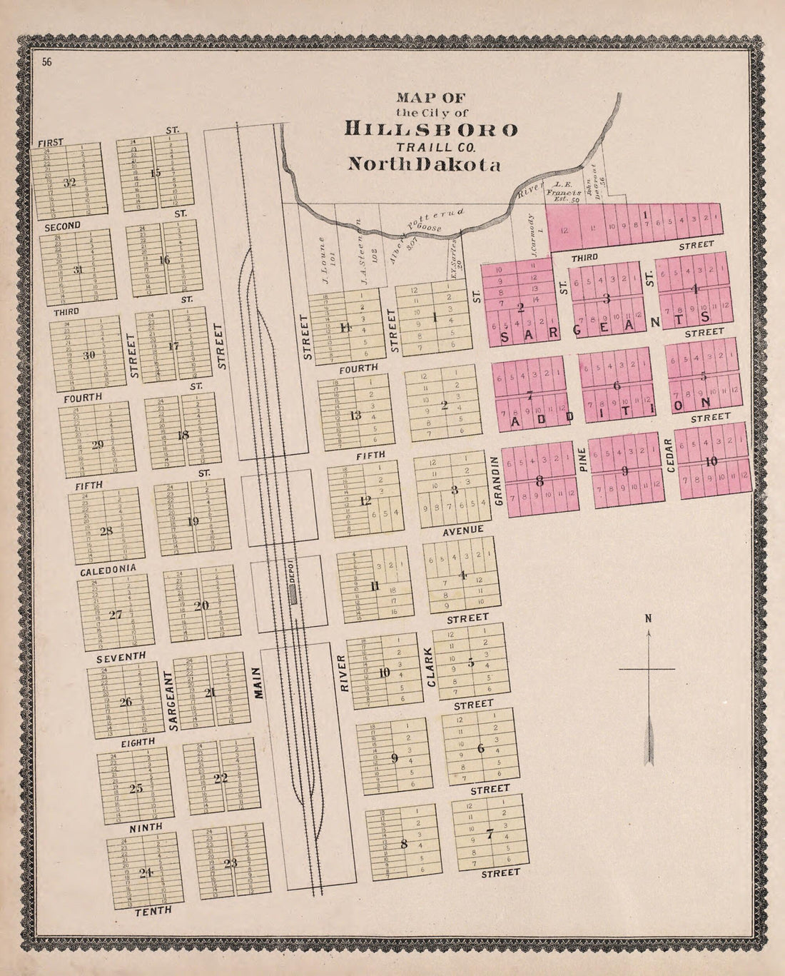 This old map of Hillsboro from Illustrated Historical Atlas of Traill and Steele Counties, North Dakota from 1892 was created by Wm. Wangersheim & Co in 1892