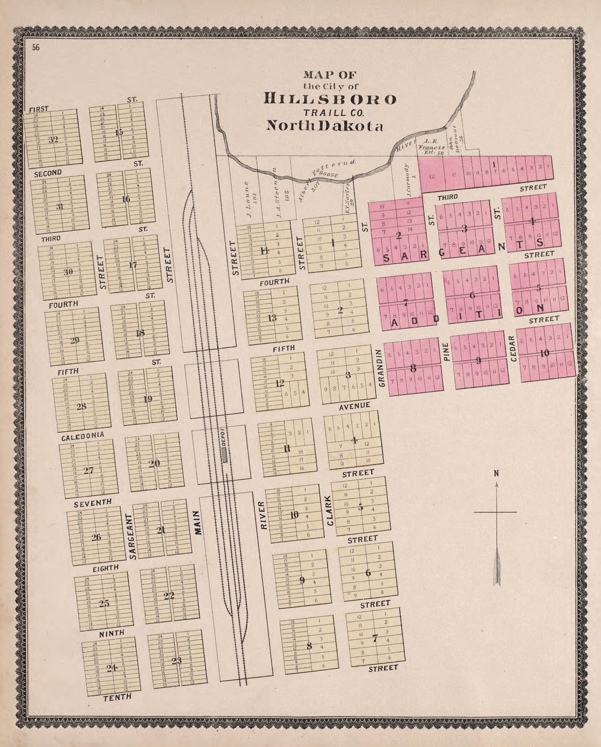 This old map of Hillsboro from Illustrated Historical Atlas of Traill and Steele Counties, North Dakota from 1892 was created by Wm. Wangersheim & Co in 1892