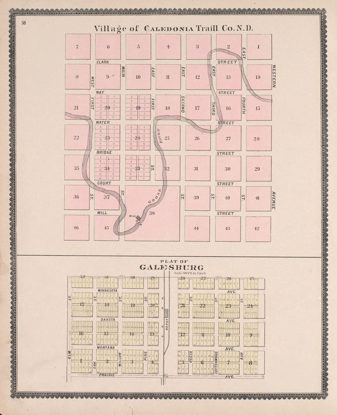 This old map of Calendonia and Galesburg from Illustrated Historical Atlas of Traill and Steele Counties, North Dakota from 1892 was created by Wm. Wangersheim & Co in 1892