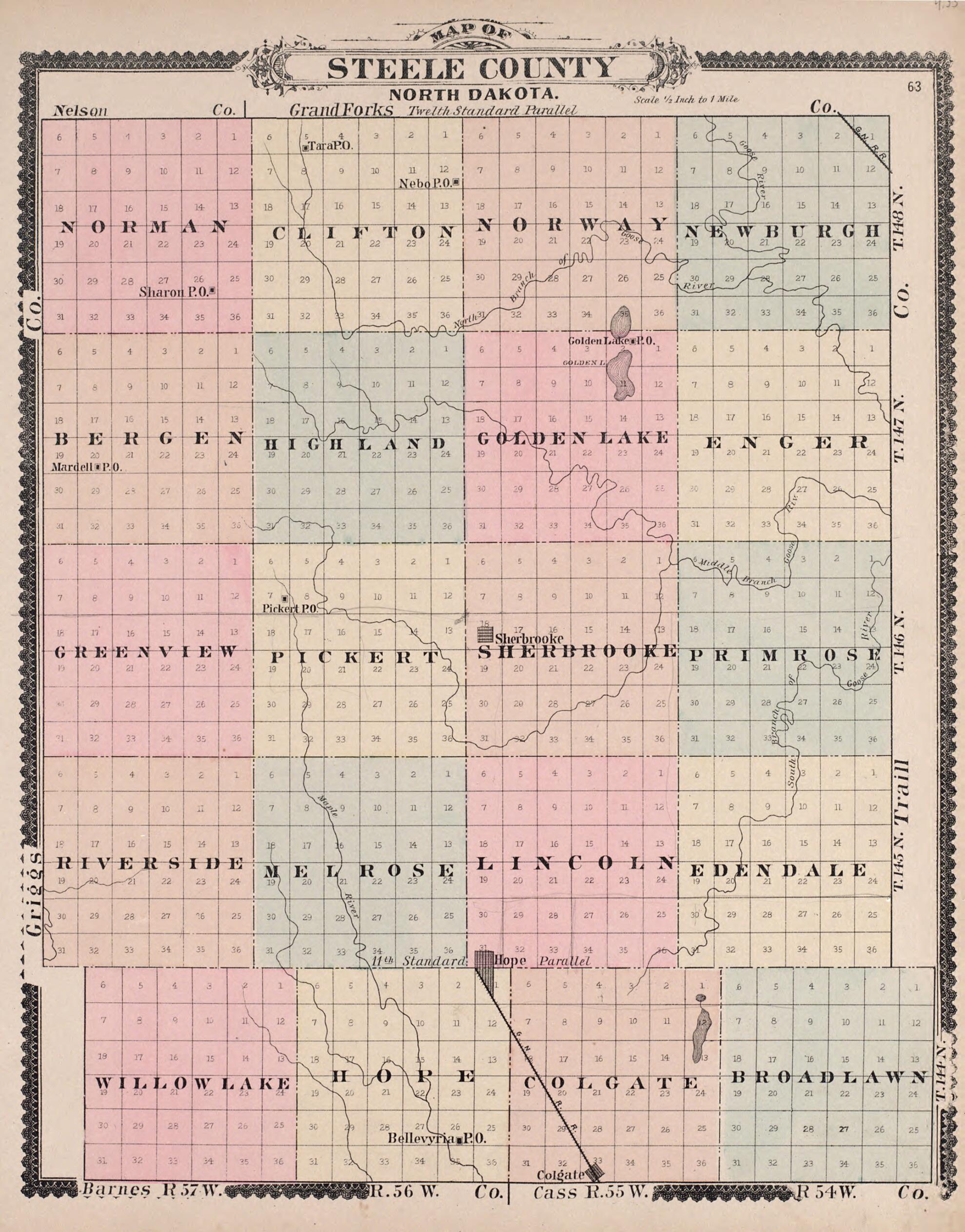 This old map of Steele County, North Dakota from Illustrated Historical Atlas of Traill and Steele Counties, North Dakota from 1892 was created by Wm. Wangersheim & Co in 1892