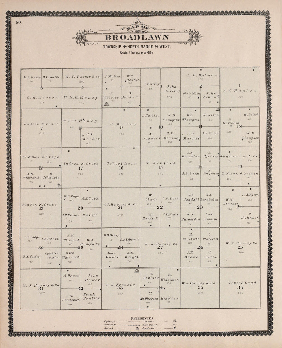 This old map of Broadlawn from Illustrated Historical Atlas of Traill and Steele Counties, North Dakota from 1892 was created by Wm. Wangersheim & Co in 1892
