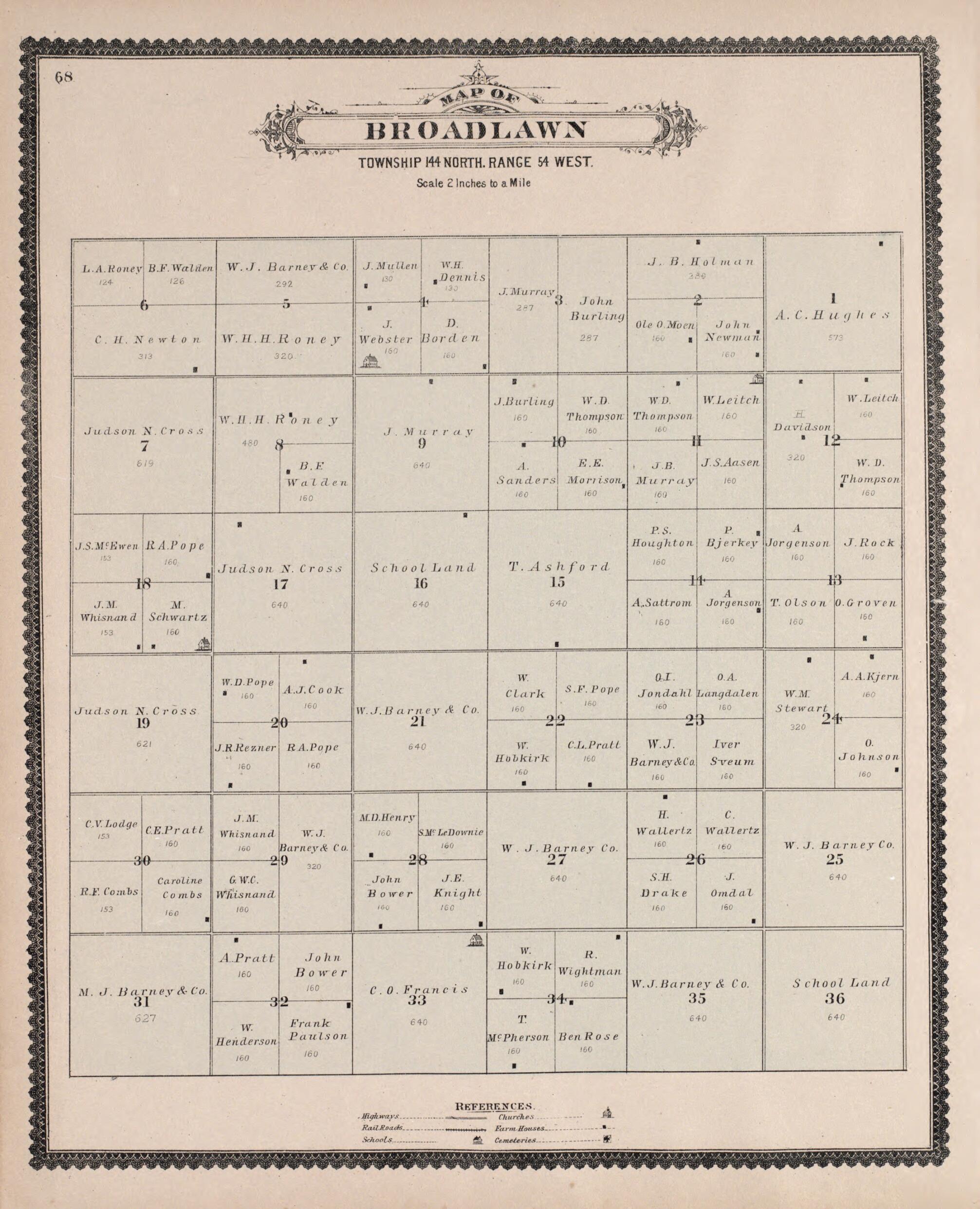This old map of Broadlawn from Illustrated Historical Atlas of Traill and Steele Counties, North Dakota from 1892 was created by Wm. Wangersheim & Co in 1892