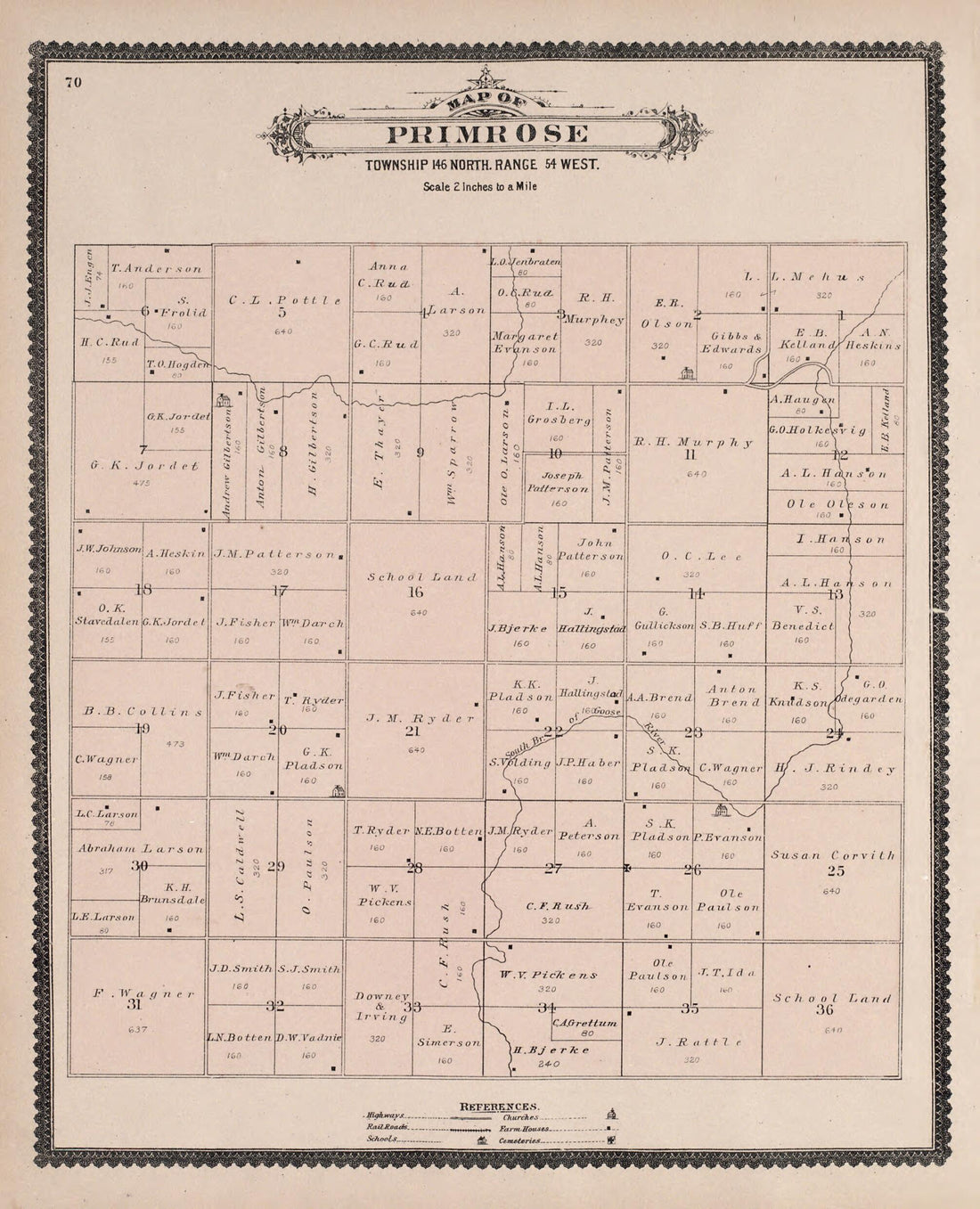This old map of Primrose from Illustrated Historical Atlas of Traill and Steele Counties, North Dakota from 1892 was created by Wm. Wangersheim & Co in 1892