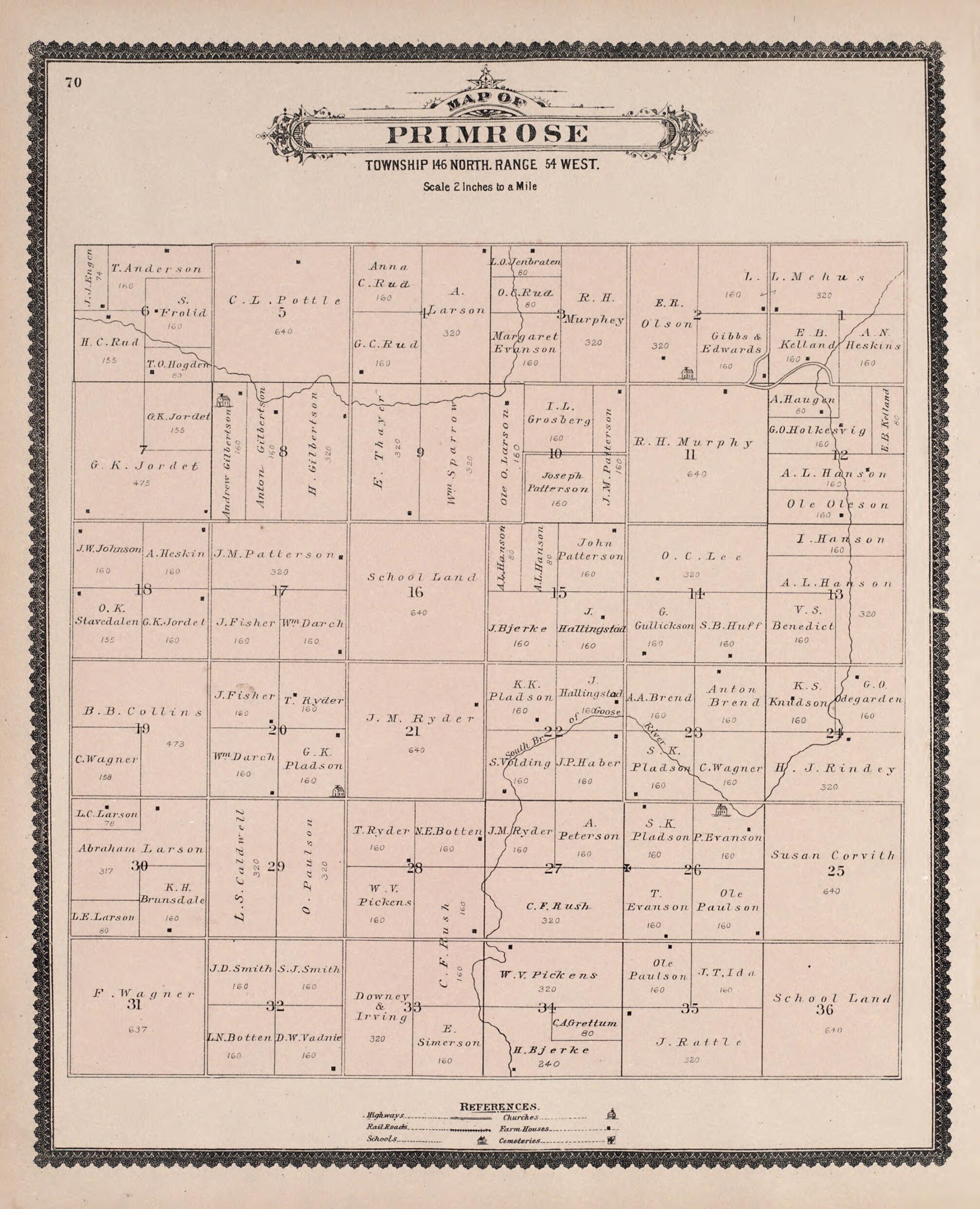 This old map of Primrose from Illustrated Historical Atlas of Traill and Steele Counties, North Dakota from 1892 was created by Wm. Wangersheim & Co in 1892