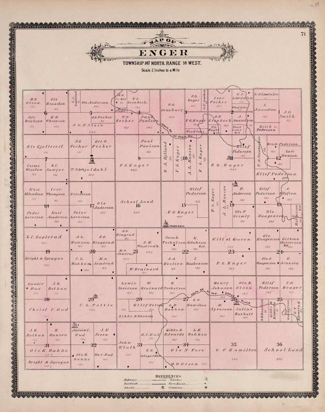 This old map of Enger from Illustrated Historical Atlas of Traill and Steele Counties, North Dakota from 1892 was created by Wm. Wangersheim & Co in 1892