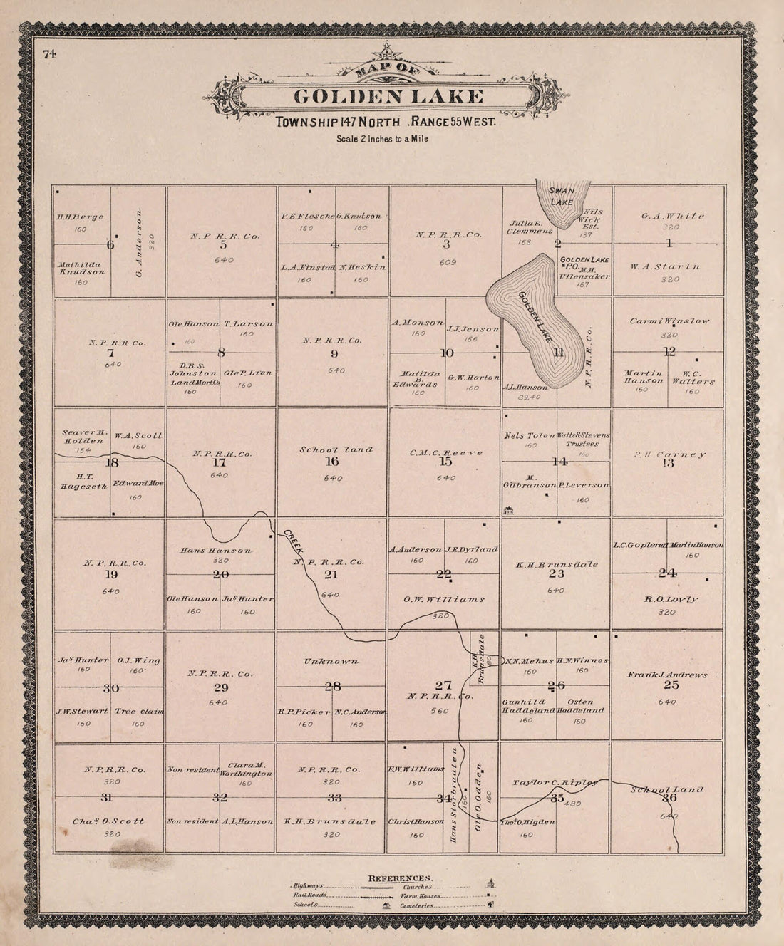This old map of Golden Lake from Illustrated Historical Atlas of Traill and Steele Counties, North Dakota from 1892 was created by Wm. Wangersheim & Co in 1892