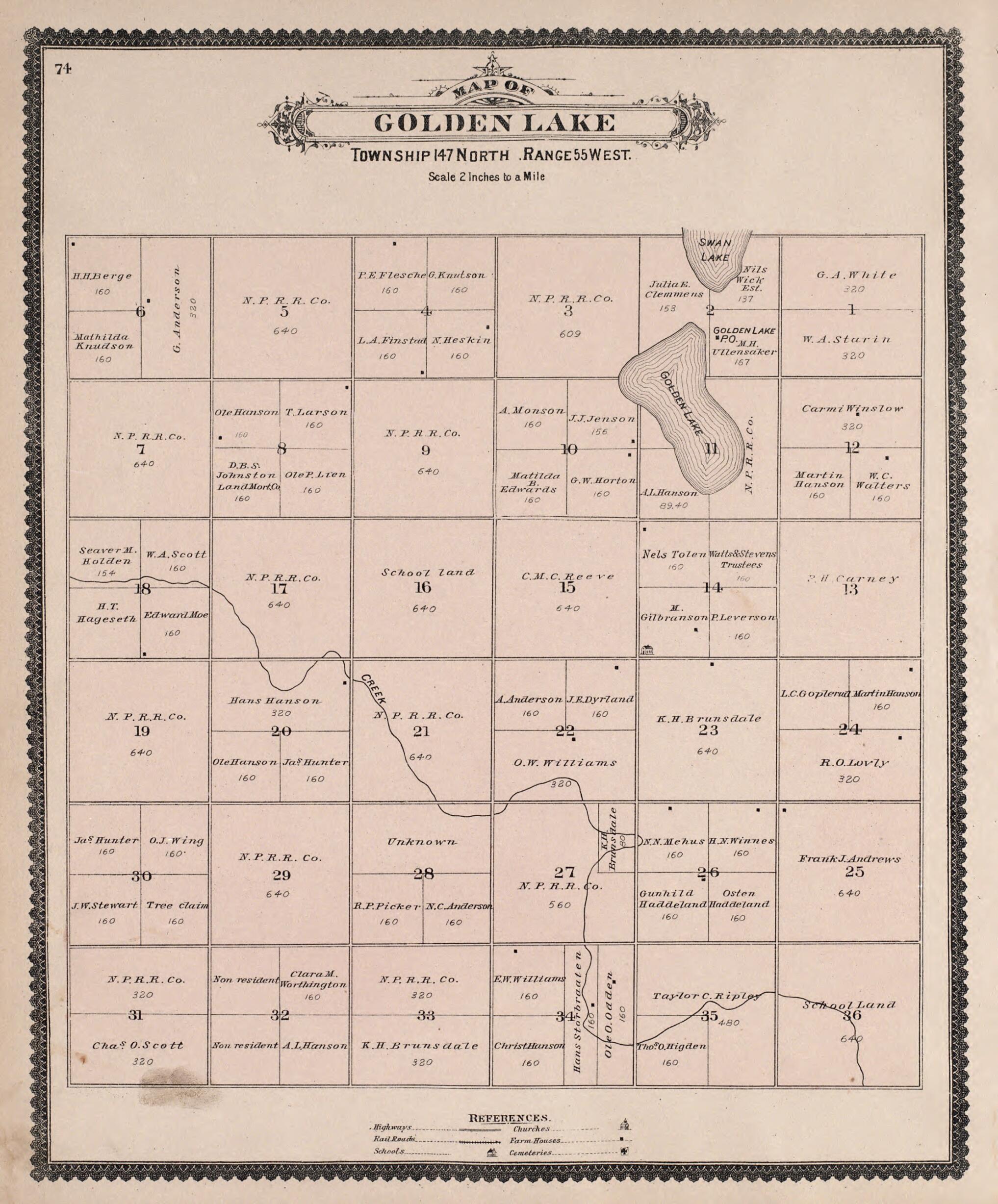 This old map of Golden Lake from Illustrated Historical Atlas of Traill and Steele Counties, North Dakota from 1892 was created by Wm. Wangersheim & Co in 1892