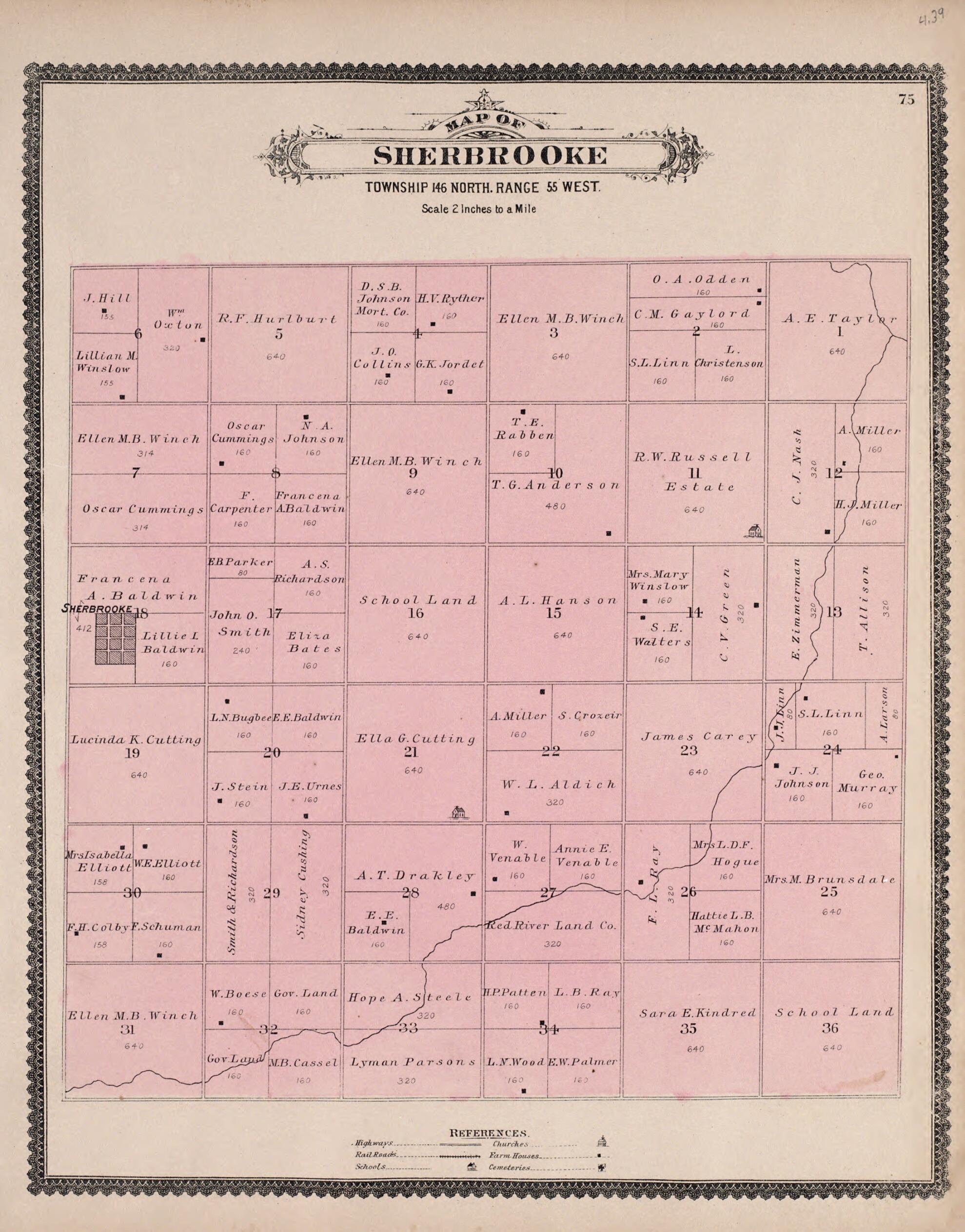 This old map of Sherbrooke from Illustrated Historical Atlas of Traill and Steele Counties, North Dakota from 1892 was created by Wm. Wangersheim & Co in 1892