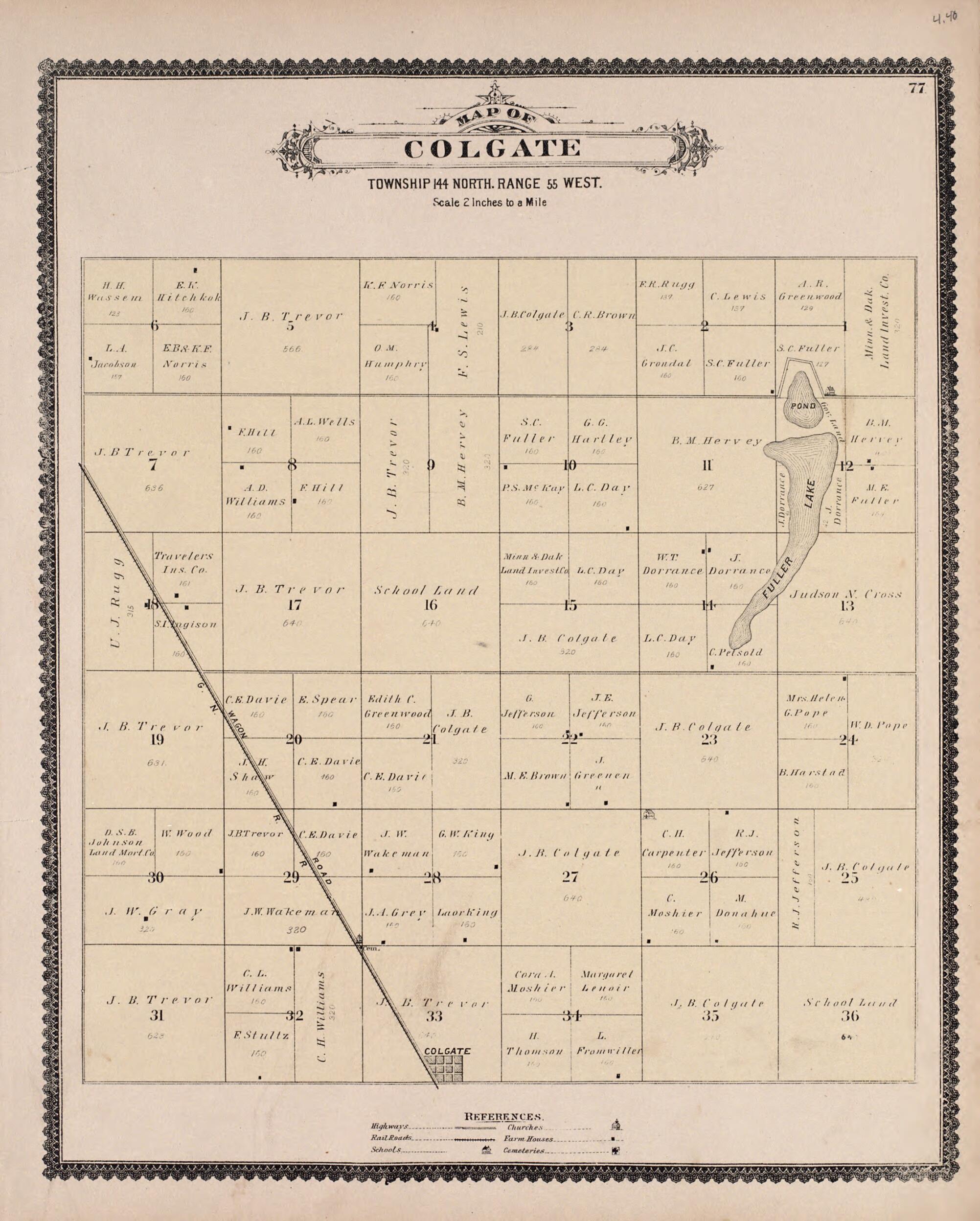 This old map of Colgate from Illustrated Historical Atlas of Traill and Steele Counties, North Dakota from 1892 was created by Wm. Wangersheim & Co in 1892